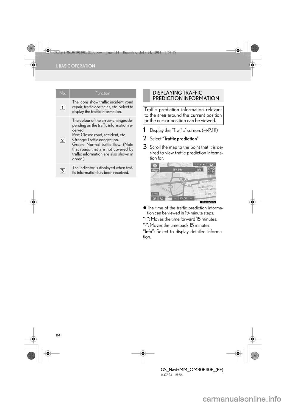 Lexus GS350 2014 Navigation manual 114
1. BASIC OPERATION
GS_Navi+MM_OM30E40E_(EE)
14.07.24 15:56
1Display the “Traffic” screen. (→P.111)
2Select “Traffic prediction” .
3Scroll the map to the point that it is de-
sired t Lexus GS350 2014 Navigation manual 114
1. BASIC OPERATION
GS_Navi+MM_OM30E40E_(EE)
14.07.24 15:56
1Display the “Traffic” screen. (→P.111)
2Select “Traffic prediction” .
3Scroll the map to the point that it is de-
sired t