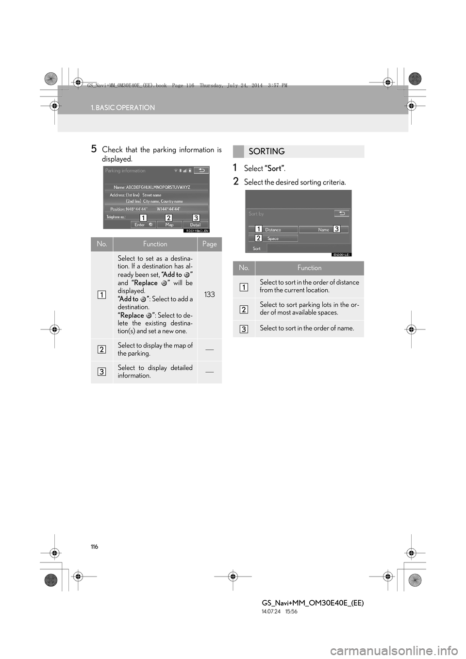 Lexus GS350 2014 Navigation manual 116
1. BASIC OPERATION
GS_Navi+MM_OM30E40E_(EE)
14.07.24 15:56
5Check that the parking information is
displayed.
1Select “Sort”.
2Select the desired sorting criteria.
No.FunctionPage
Select to Lexus GS350 2014 Navigation manual 116
1. BASIC OPERATION
GS_Navi+MM_OM30E40E_(EE)
14.07.24 15:56
5Check that the parking information is
displayed.
1Select “Sort”.
2Select the desired sorting criteria.
No.FunctionPage
Select to