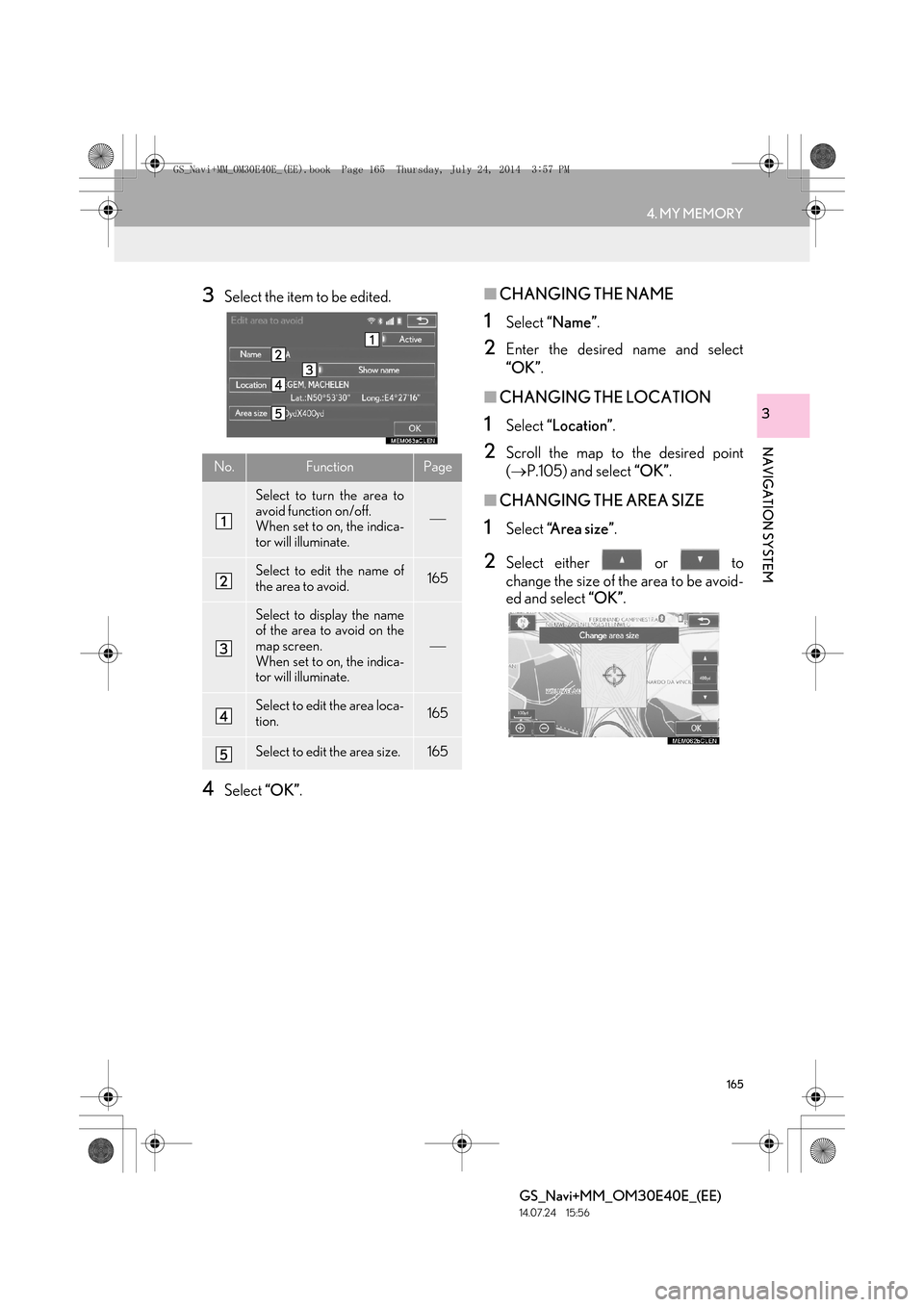 Lexus GS350 2014  Navigation manual 165
4. MY MEMORY
GS_Navi+MM_OM30E40E_(EE)
14.07.24     15:56
NAVIGATION SYSTEM
3
3Select the item to be edited.
4Select “OK”.
■CHANGING THE NAME
1Select  “Name” .
2Enter the desired name and