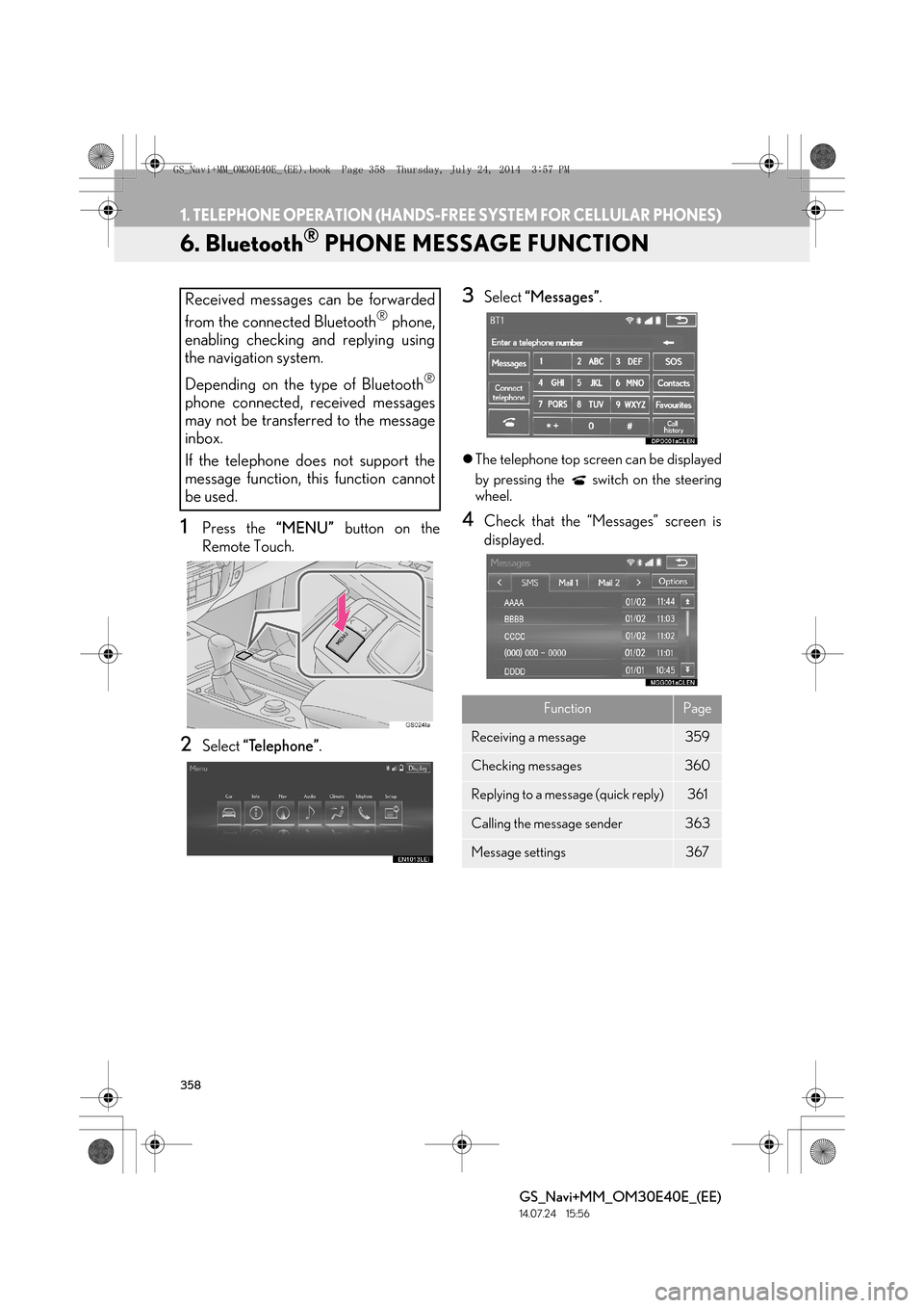 Lexus GS350 2014  Navigation manual 358
1. TELEPHONE OPERATION (HANDS-FREE SYSTEM FOR CELLULAR PHONES)
GS_Navi+MM_OM30E40E_(EE)
14.07.24     15:56
6. Bluetooth® PHONE MESSAGE FUNCTION
1Press the “MENU” button on the
Remote Touch.
2