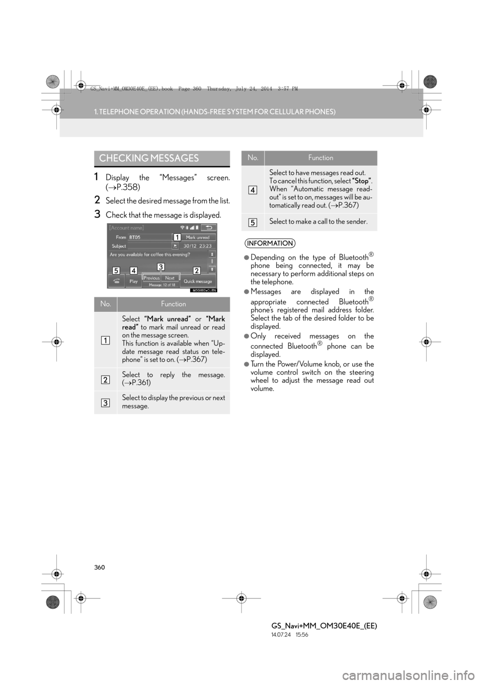Lexus GS350 2014  Navigation manual 360
1. TELEPHONE OPERATION (HANDS-FREE SYSTEM FOR CELLULAR PHONES)
GS_Navi+MM_OM30E40E_(EE)
14.07.24     15:56
1Display the “Messages” screen.
(→ P.358)
2Select the desired message from the list