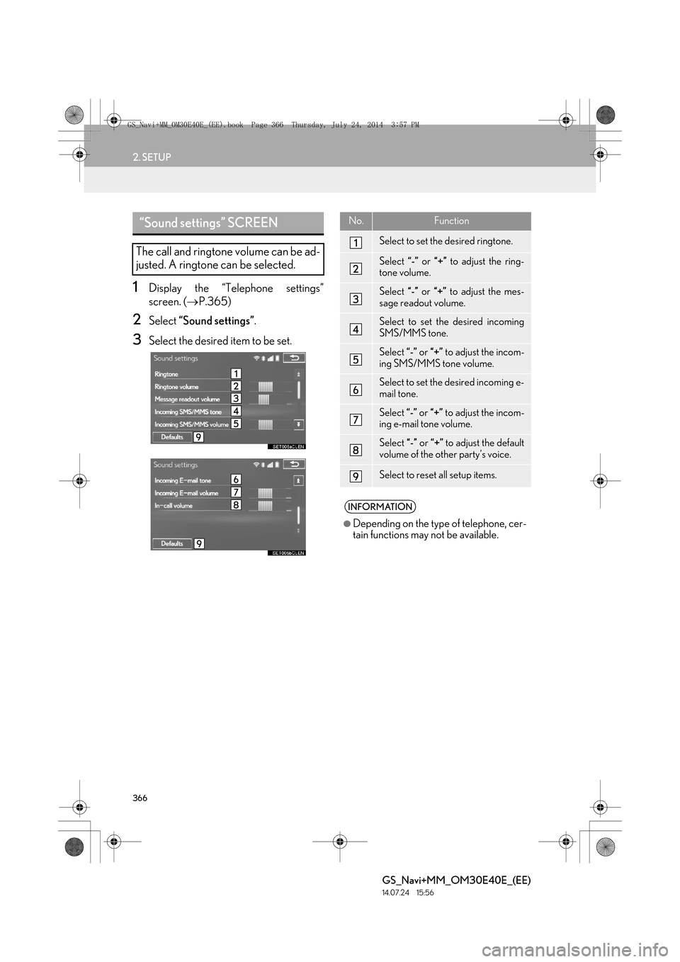 Lexus GS350 2014 Navigation manual 366
2. SETUP
GS_Navi+MM_OM30E40E_(EE)
14.07.24 15:56
1Display the “Telephone settings”
screen. (→P.365)
2Select “Sound settings” .
3Select the desired item to be set.
“Sound settings Lexus GS350 2014 Navigation manual 366
2. SETUP
GS_Navi+MM_OM30E40E_(EE)
14.07.24 15:56
1Display the “Telephone settings”
screen. (→P.365)
2Select “Sound settings” .
3Select the desired item to be set.
“Sound settings