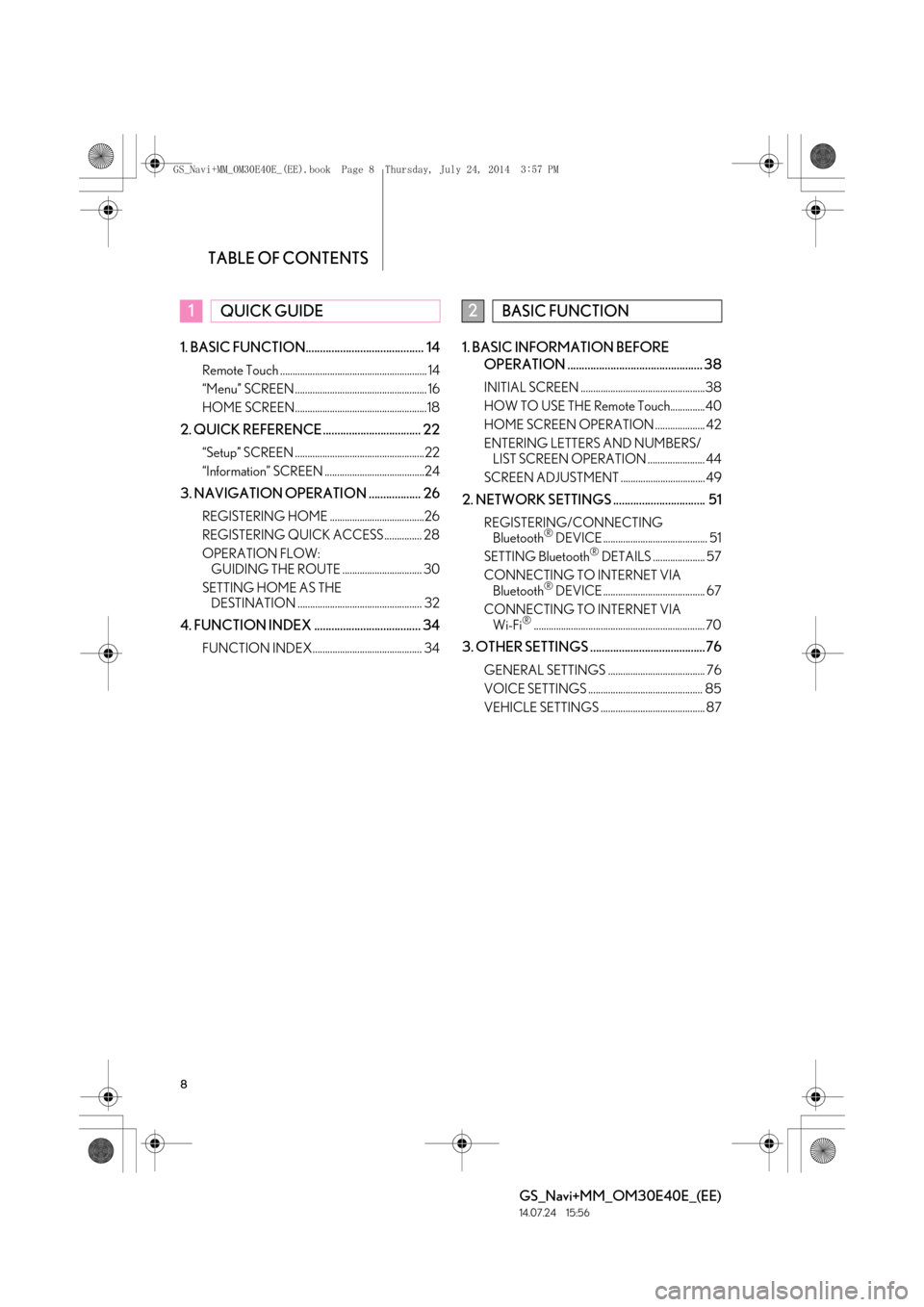 Lexus GS350 2014 Navigation manual TABLE OF CONTENTS
8
GS_Navi+MM_OM30E40E_(EE)
14.07.24 15:56
1. BASIC FUNCTION......................................... 14
Remote Touch ........................................................... 1 Lexus GS350 2014 Navigation manual TABLE OF CONTENTS
8
GS_Navi+MM_OM30E40E_(EE)
14.07.24 15:56
1. BASIC FUNCTION......................................... 14
Remote Touch ........................................................... 1