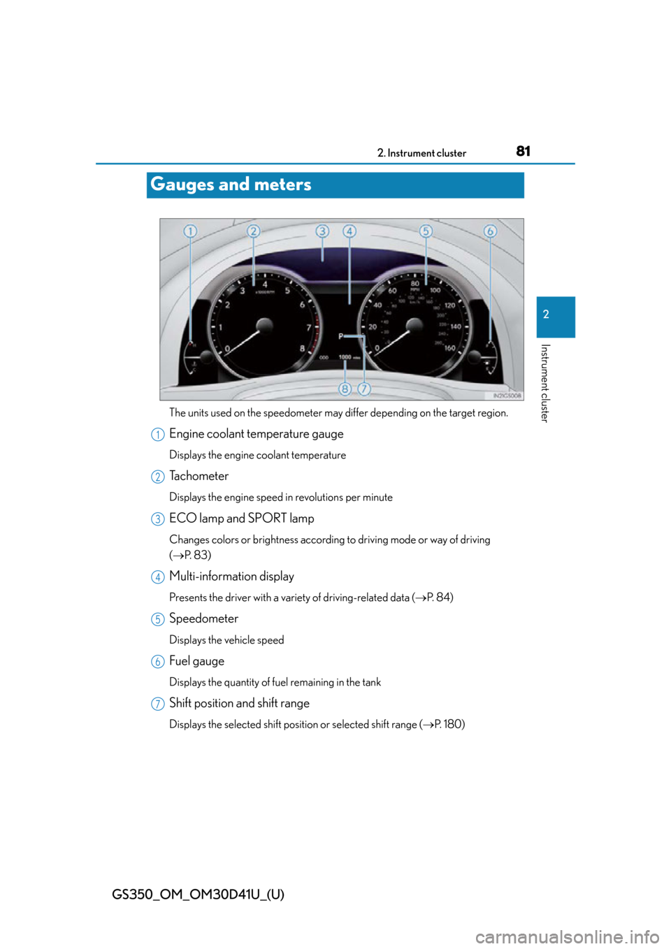 Lexus GS350 2014  Using the audio system / LEXUS 2014 GS350 OWNERS MANUAL (OM30D41U) 81
GS350_OM_OM30D41U_(U)2. Instrument cluster
2
Instrument cluster
Gauges and meters
The units used on the speedometer may di ffer depending on the target region.
Engine coolant temperature gauge
Disp