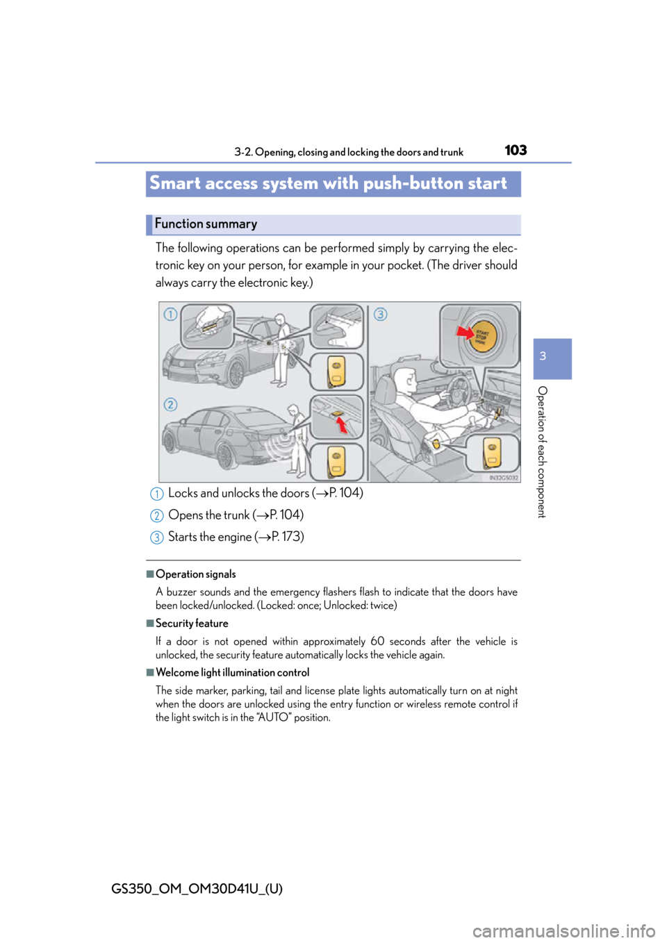 Lexus GS350 2014  Warranty and Services Guide / LEXUS 2014 GS350 OWNERS MANUAL (OM30D41U) 103
GS350_OM_OM30D41U_(U)3-2. Opening, closing and locking the doors and trunk
3
Operation of each component
Smart access system with push-button start
The following operations can be perf ormed simpl