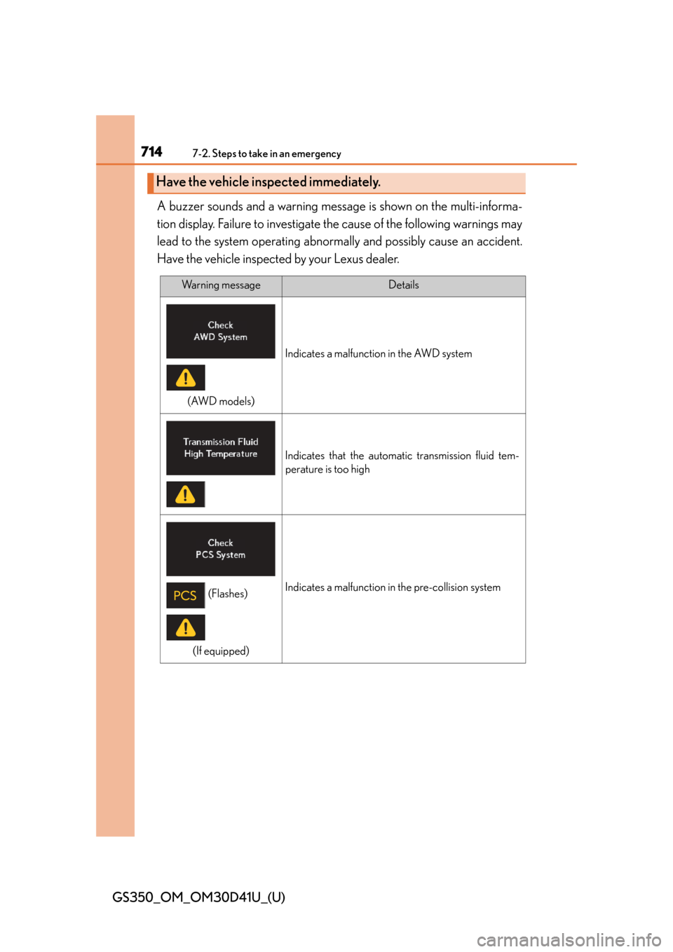 Lexus GS350 2014  Warranty and Services Guide / LEXUS 2014 GS350 OWNERS MANUAL (OM30D41U) 7147-2. Steps to take in an emergency
GS350_OM_OM30D41U_(U)A buzzer sounds and a warning messa
ge is shown on the multi-informa-
tion display. Failure to investigate the cause of the following warning