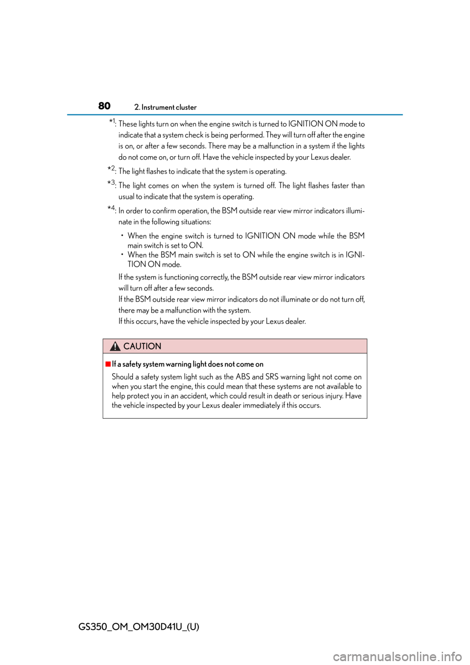 Lexus GS350 2014  Warranty and Services Guide / LEXUS 2014 GS350 OWNERS MANUAL (OM30D41U) 80
GS350_OM_OM30D41U_(U)
2. Instrument cluster
*1: These lights turn on when the engine switch is turned to IGNITION ON mode to
indicate that a system check is being performed. They will turn off afte