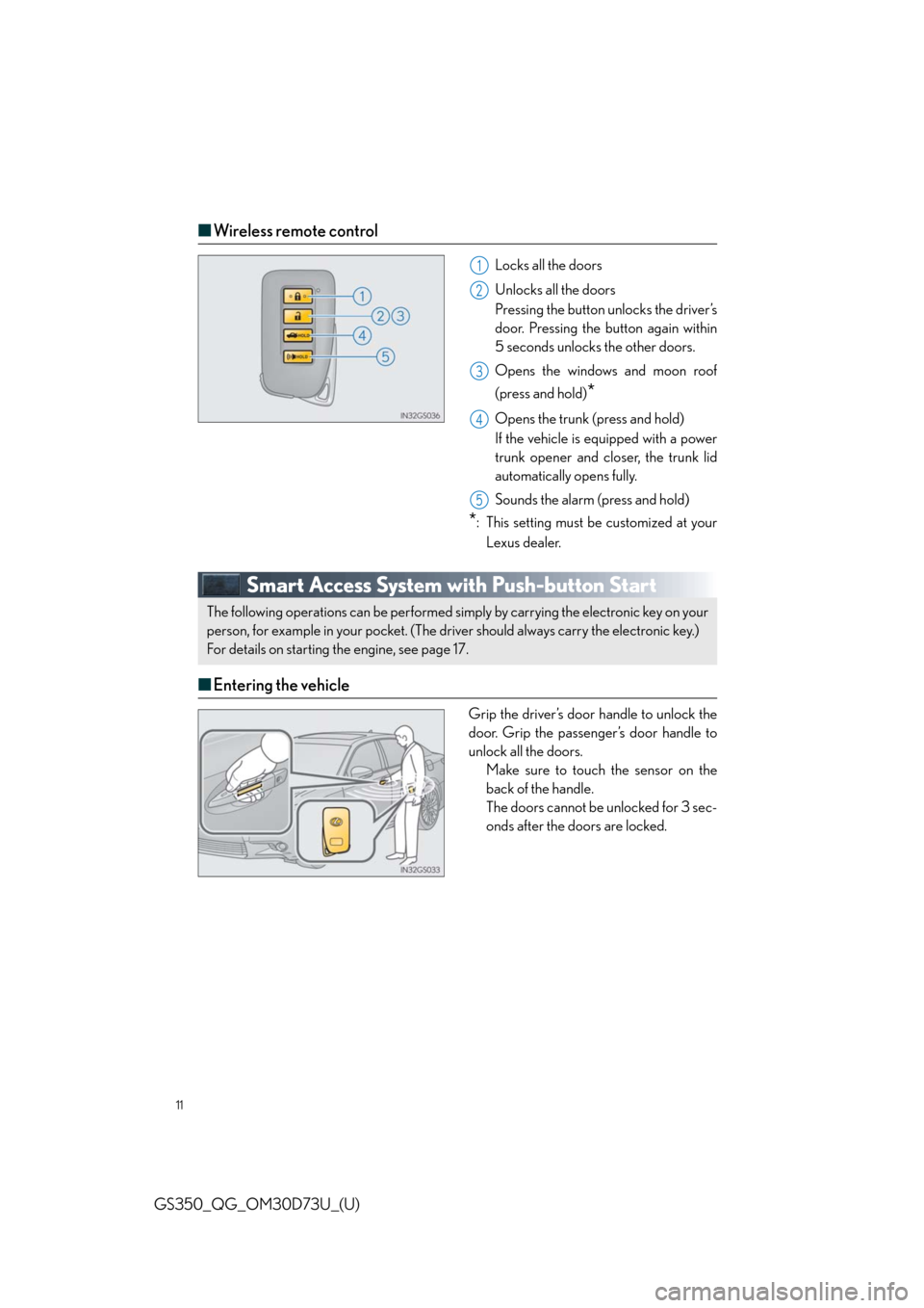 Lexus GS350 2014  Warranty and Services Guide / LEXUS 2014 GS350 QUICK GUIDE  (OM30D73U) User Guide 11
GS350_QG_OM30D73U_(U)
■Wireless remote control
Locks all the doors
Unlocks all the doors
Pressing the button unlocks the driver’s
door. Pressing the button again within
5 seconds unlocks the ot