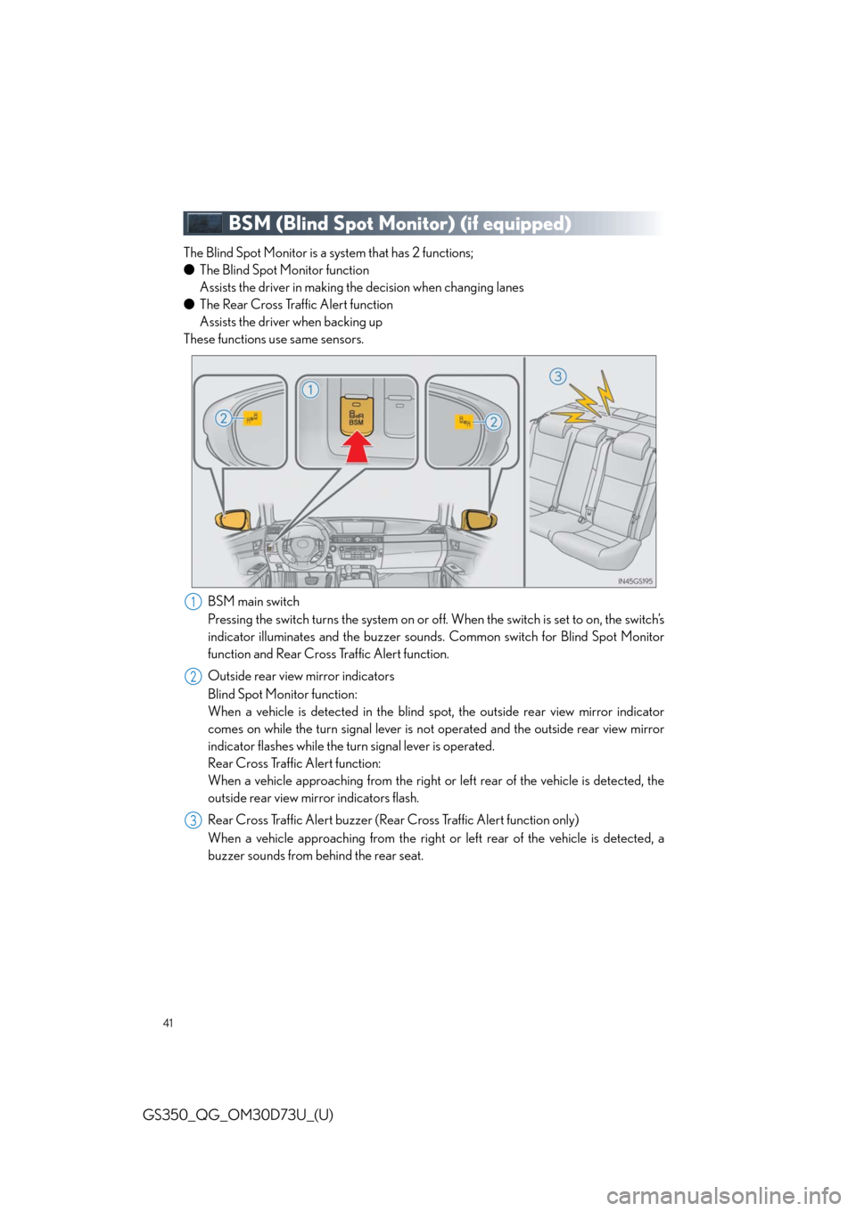 Lexus GS350 2014  Warranty and Services Guide / LEXUS 2014 GS350 QUICK GUIDE OWNERS MANUAL (OM30D73U) 41
GS350_QG_OM30D73U_(U)
BSM (Blind Spot Monitor) (if equipped)
The Blind Spot Monitor is a system that has 2 functions;
●The Blind Spot Monitor function 
Assists the driver in making the decision w