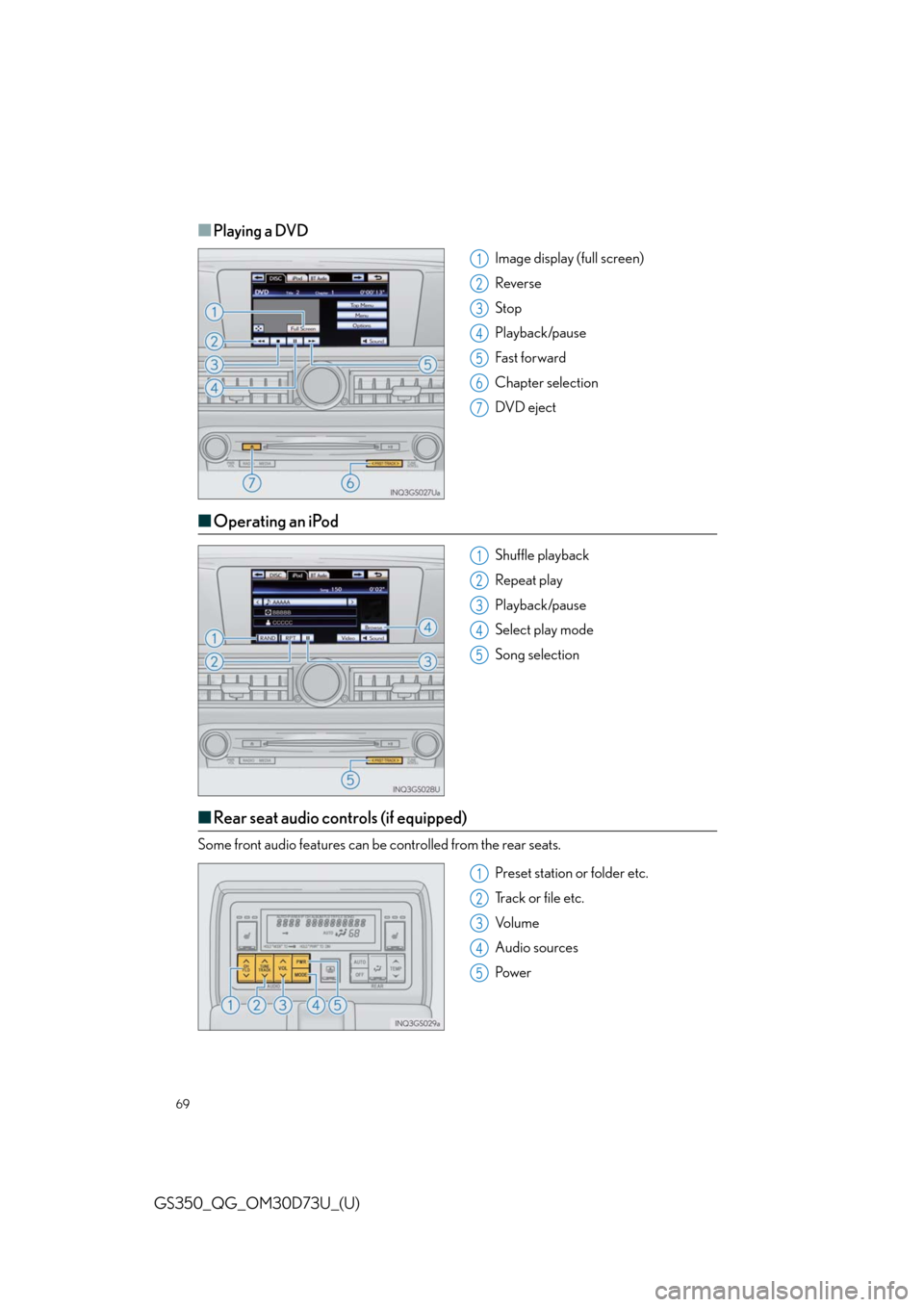 Lexus GS350 2014  Warranty and Services Guide / LEXUS 2014 GS350 QUICK GUIDE OWNERS MANUAL (OM30D73U) 69
GS350_QG_OM30D73U_(U)
■Playing a DVD 
Image display (full screen)
Reverse
Stop
Playback/pause
Fast for ward
Chapter selection
DVD eject
■Operating an iPod
Shuffle playback
Repeat play
Playback/