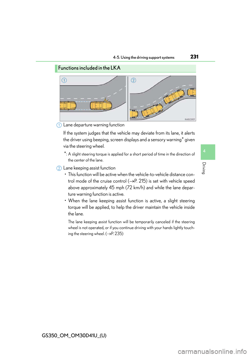 Lexus GS350 2014 Do-it-yourself maintenance / GS350_OM_OM30D41U_(U)
2314-5. Using the driving support systems
4
Driving
Lane departure warning function
If the system judges that the vehicle may deviate from its lane, it alerts
the driver using be Lexus GS350 2014 Do-it-yourself maintenance / GS350_OM_OM30D41U_(U)
2314-5. Using the driving support systems
4
Driving
Lane departure warning function
If the system judges that the vehicle may deviate from its lane, it alerts
the driver using be