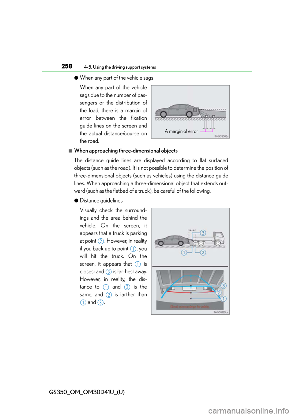 Lexus GS350 2014 Do-it-yourself maintenance / LEXUS 2014 GS350 OWNERS MANUAL (OM30D41U) 258
GS350_OM_OM30D41U_(U)
4-5. Using the driving support systems
●When any part of the vehicle sags
When any part of the vehicle
sags due to the number of pas-
sengers or the distribution of
the loa Lexus GS350 2014 Do-it-yourself maintenance / LEXUS 2014 GS350 OWNERS MANUAL (OM30D41U) 258
GS350_OM_OM30D41U_(U)
4-5. Using the driving support systems
●When any part of the vehicle sags
When any part of the vehicle
sags due to the number of pas-
sengers or the distribution of
the loa