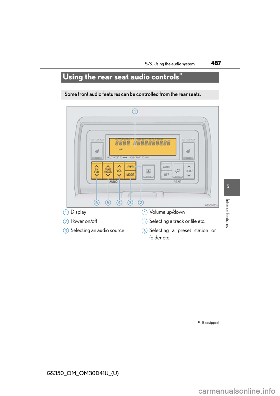 Lexus GS350 2014  Do-it-yourself maintenance / LEXUS 2014 GS350 OWNERS MANUAL (OM30D41U) 487
GS350_OM_OM30D41U_(U)5-3. Using the audio system
5
Interior features
Using the rear seat audio controls
: If equipped
Some front audio features can be controlled from the rear seats.
Display