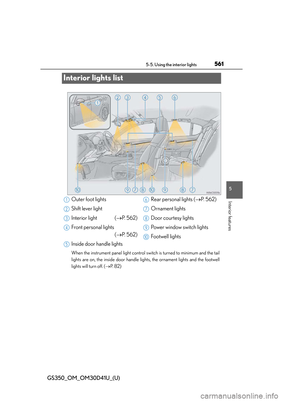 Lexus GS350 2014  Do-it-yourself maintenance / LEXUS 2014 GS350 OWNERS MANUAL (OM30D41U) 561
GS350_OM_OM30D41U_(U)5-5. Using the interior lights
5
Interior features
Interior lights list
When the instrument panel light control switch is turned to minimum and the tail
lights are on, the ins