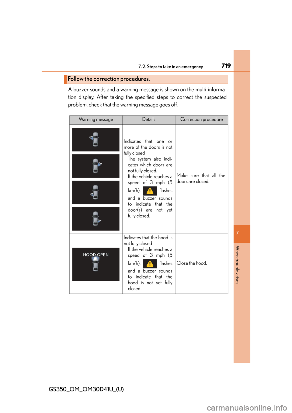 Lexus GS350 2014  Do-it-yourself maintenance / LEXUS 2014 GS350 OWNERS MANUAL (OM30D41U) 7197-2. Steps to take in an emergency
GS350_OM_OM30D41U_(U)
7
When trouble arises
A buzzer sounds and a warning message is shown on the multi-informa-
tion display. After taking the spec ified steps t
