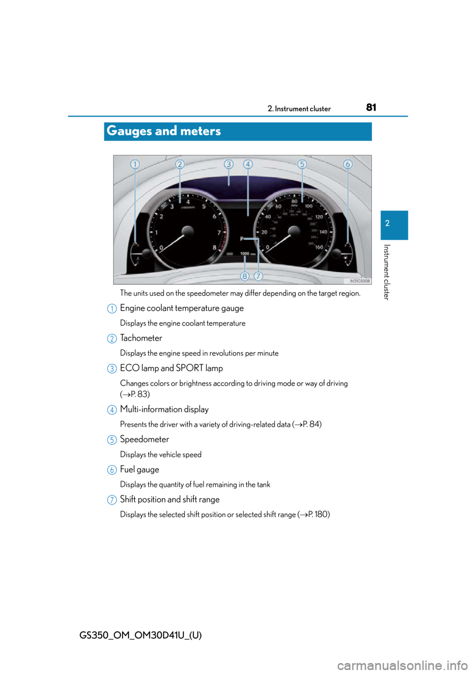 Lexus GS350 2014  Do-it-yourself maintenance / LEXUS 2014 GS350 OWNERS MANUAL (OM30D41U) 81
GS350_OM_OM30D41U_(U)2. Instrument cluster
2
Instrument cluster
Gauges and meters
The units used on the speedometer may di ffer depending on the target region.
Engine coolant temperature gauge
Disp