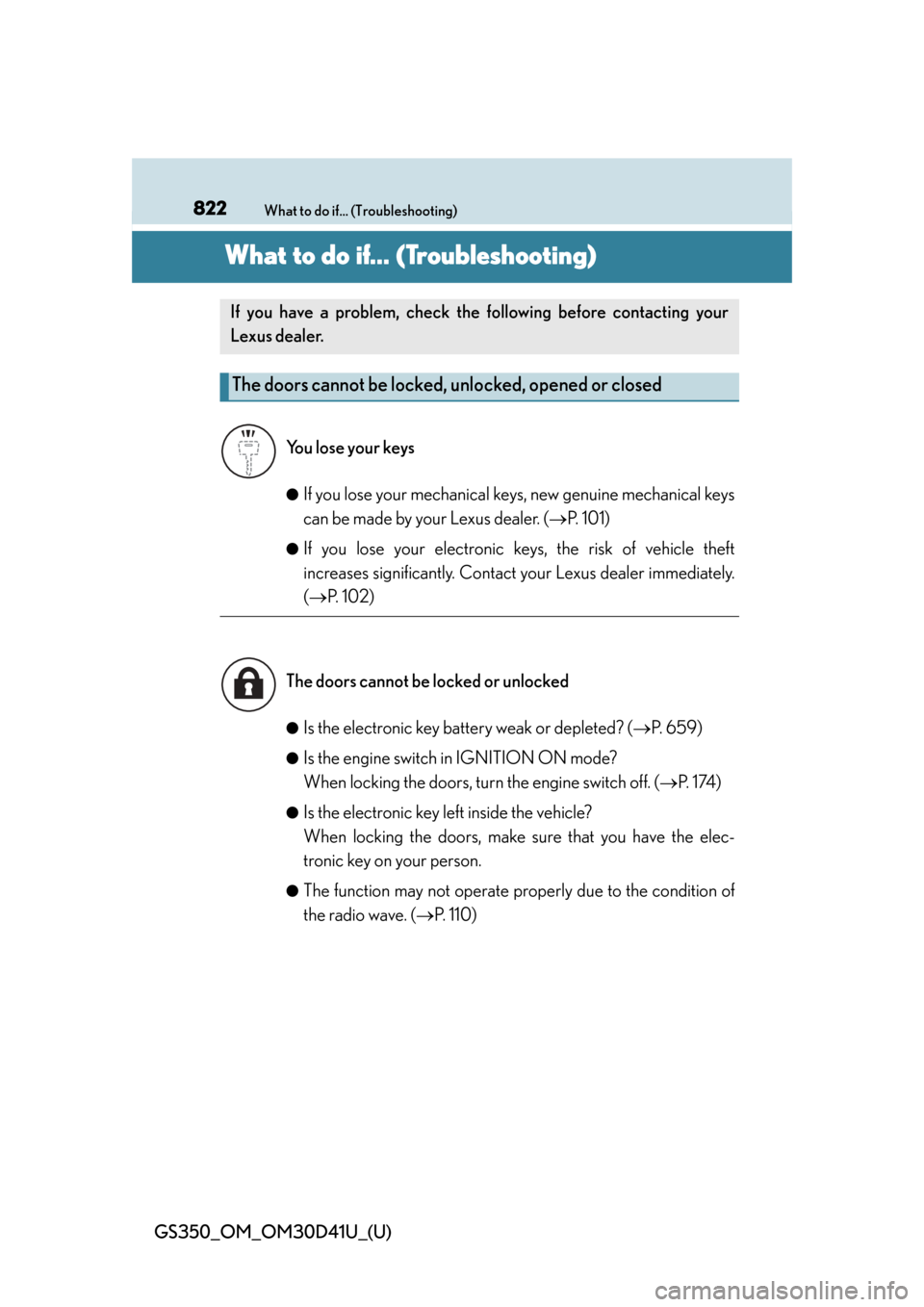 Lexus GS350 2014 Do-it-yourself maintenance / LEXUS 2014 GS350 OWNERS MANUAL (OM30D41U) 822What to do if... (Troubleshooting)
GS350_OM_OM30D41U_(U)
What to do if... (Troubleshooting)
●If you lose your mechanical keys, new genuine mechanical keys
can be made by your Lexus dealer. ( P Lexus GS350 2014 Do-it-yourself maintenance / LEXUS 2014 GS350 OWNERS MANUAL (OM30D41U) 822What to do if... (Troubleshooting)
GS350_OM_OM30D41U_(U)
What to do if... (Troubleshooting)
●If you lose your mechanical keys, new genuine mechanical keys
can be made by your Lexus dealer. ( P