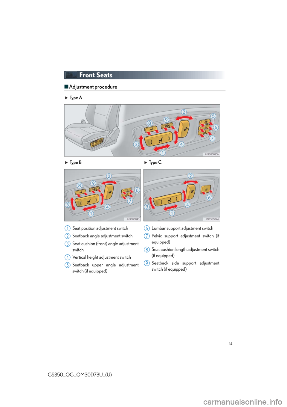 Lexus GS350 2014  Do-it-yourself maintenance / LEXUS 2014 GS350 QUICK GUIDE  (OM30D73U) User Guide 14
GS350_QG_OM30D73U_(U)
Front Seats
■Adjustment procedure
Ty p e  A
Ty p e  B Ty p e  C
Seat position adjustment switch
Seatback angle adjustment switch
Seat cushion (front) angle adjustment
switch