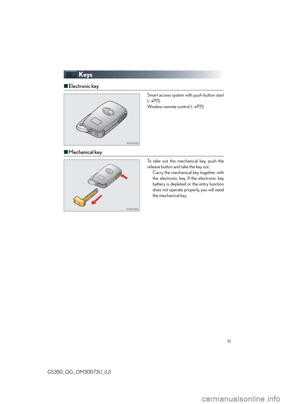Lexus GS350 2014  Do-it-yourself maintenance / LEXUS 2014 GS350 QUICK GUIDE OWNERS MANUAL (OM30D73U) 10
GS350_QG_OM30D73U_(U)
Keys
■Electronic key
Smart access system with push-button start
(P.11)
Wireless remote control (P.1 1 )
■Mechanical key
To take out the mechanical key, push the
rele