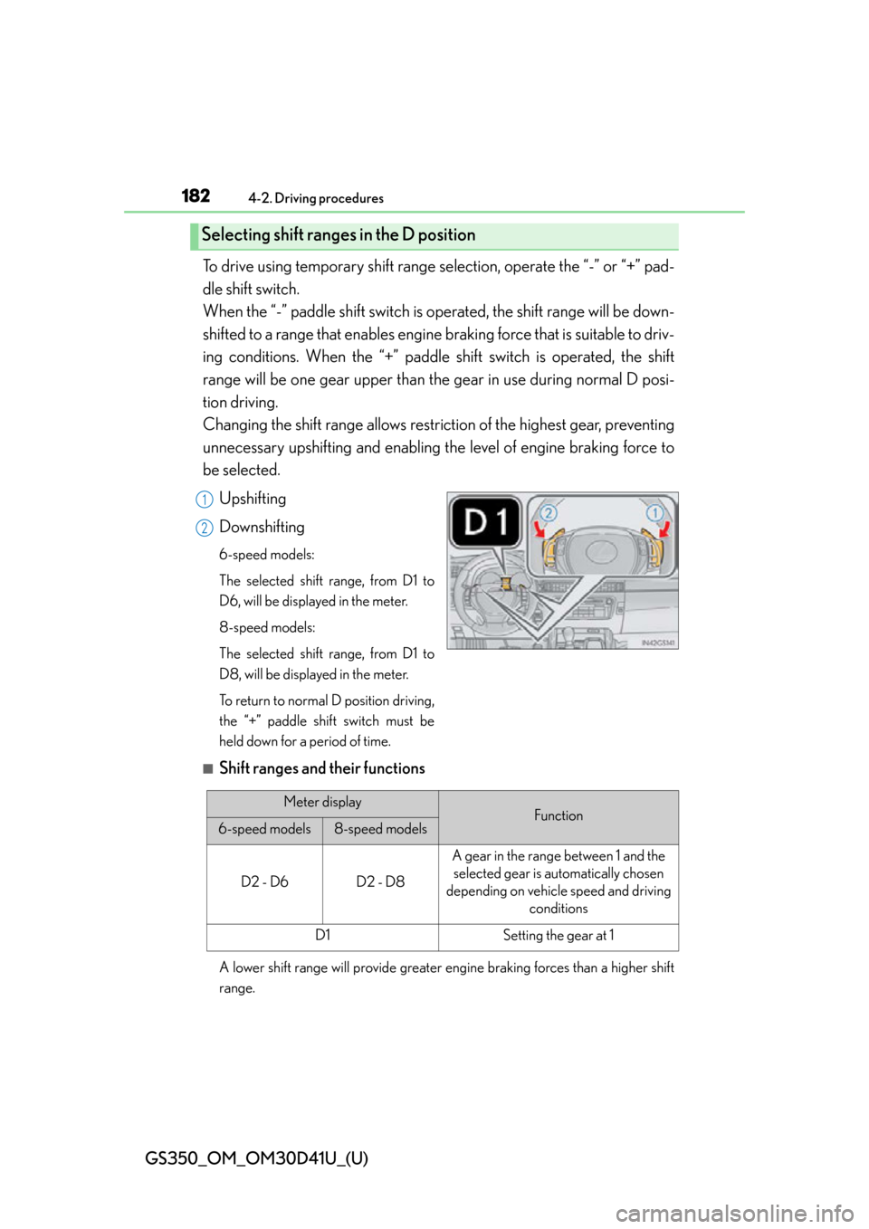Lexus GS350 2014 Opening, closing and locking the doors and trunk / LEXUS 2014 GS350 (OM30D41U) Owners Guide 182
GS350_OM_OM30D41U_(U)
4-2. Driving procedures
To drive using temporary shift range selection, operate the “-” or “+” pad-
dle shift switch.
When the “-” paddle shift switch is oper at Lexus GS350 2014 Opening, closing and locking the doors and trunk / LEXUS 2014 GS350 (OM30D41U) Owners Guide 182
GS350_OM_OM30D41U_(U)
4-2. Driving procedures
To drive using temporary shift range selection, operate the “-” or “+” pad-
dle shift switch.
When the “-” paddle shift switch is oper at