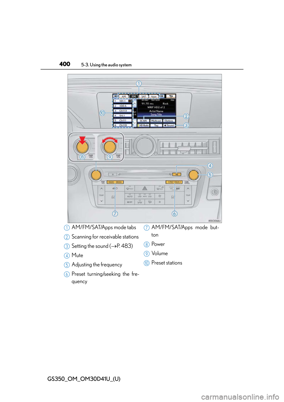 Lexus GS350 2014  Opening, closing and locking the doors and trunk / LEXUS 2014 GS350 OWNERS MANUAL (OM30D41U) 400
GS350_OM_OM30D41U_(U)
5-3. Using the audio system
AM/FM/SAT/Apps mode tabs
Scanning for receivable stations
Setting the sound (P.  4 8 3 )
Mute
Adjusting the frequency
Preset turning/seeking th