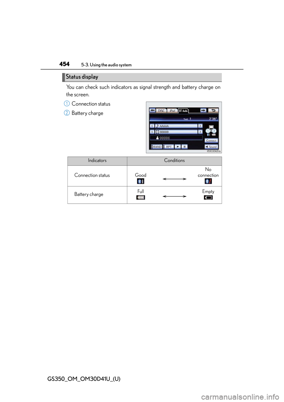Lexus GS350 2014  Opening, closing and locking the doors and trunk / LEXUS 2014 GS350 OWNERS MANUAL (OM30D41U) 454
GS350_OM_OM30D41U_(U)
5-3. Using the audio system
You can check such indicators as signal strength and battery charge on
the screen.
Connection status
Battery charge
Status display
1
2
IndicatorsC