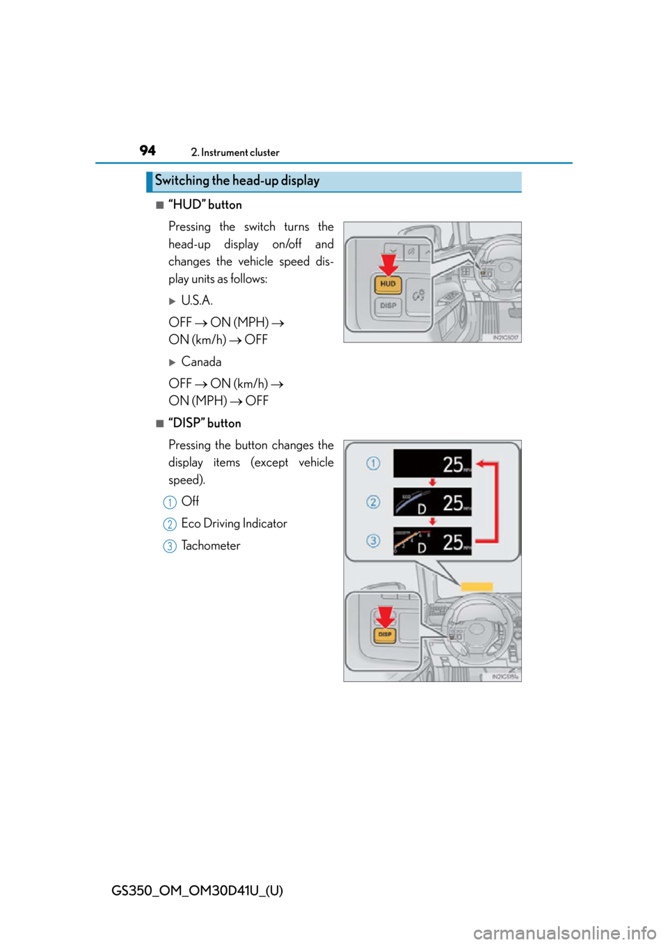 Lexus GS350 2014  Opening, closing and locking the doors and trunk / LEXUS 2014 GS350  (OM30D41U) Owners Manual 94
GS350_OM_OM30D41U_(U)
2. Instrument cluster
■“HUD” button
Pressing the switch turns the
head-up display on/off and
changes the vehicle speed dis-
play units as follows:
U.S.A.
OFF   ON 