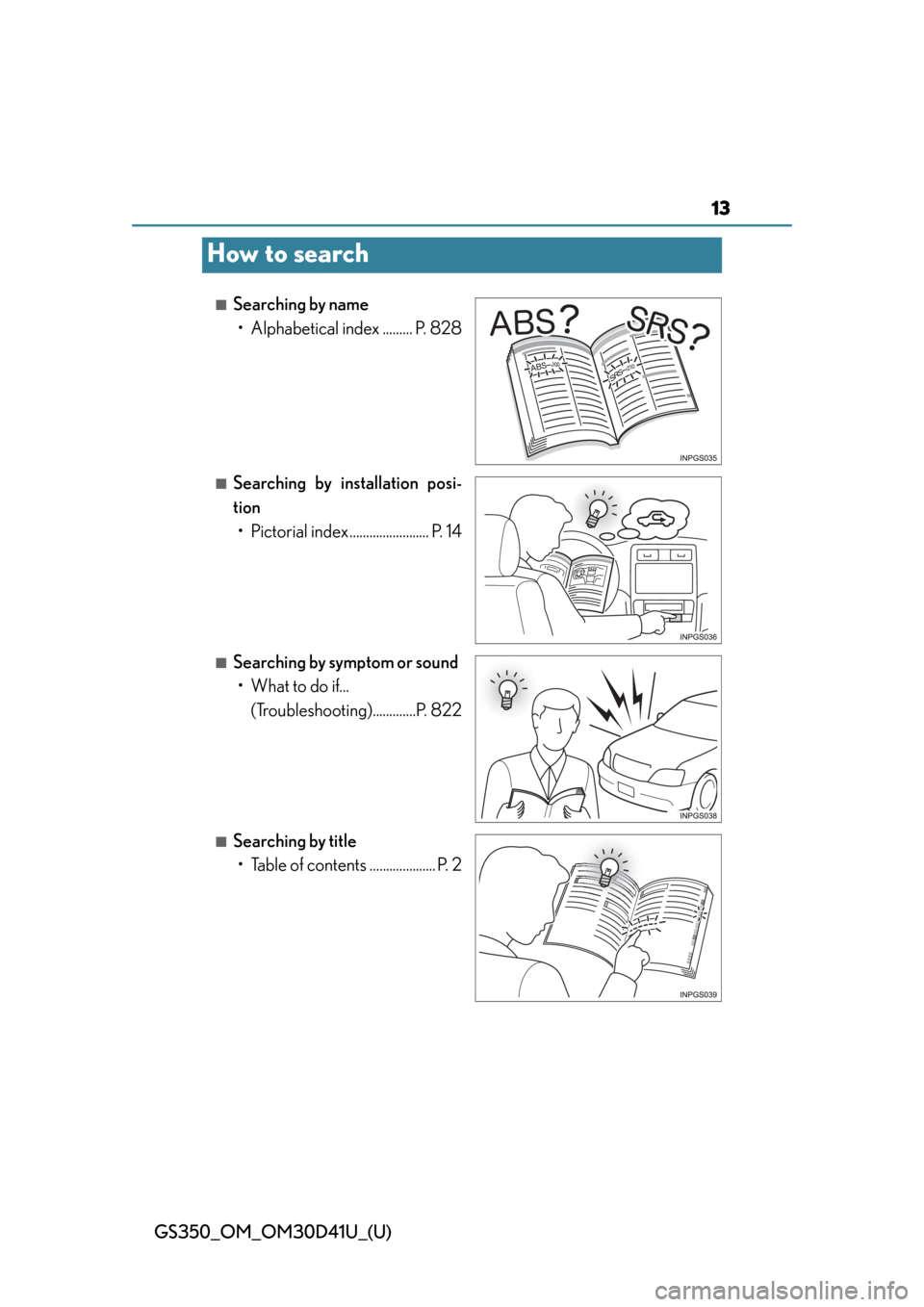Lexus GS350 2014  Instrument cluster / LEXUS 2014 GS350  (OM30D41U) User Guide 13
GS350_OM_OM30D41U_(U)
How to search
■Searching by name • Alphabetical index ......... P. 828
■Searching by installation posi-
tion• Pictorial index ....... ................. P. 14
■Search