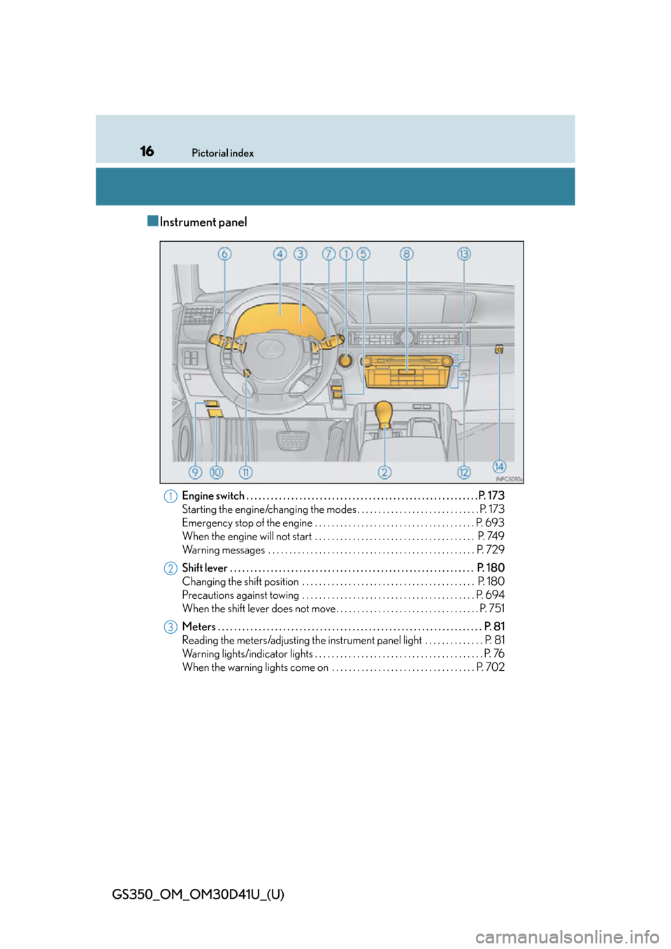 Lexus GS350 2014  Instrument cluster / LEXUS 2014 GS350  (OM30D41U) User Guide 16Pictorial index
GS350_OM_OM30D41U_(U)
■Instrument panel
Engine switch . . . . . . . . . . . . . . . . . . . . . . . . . . . . . . . . . . . . . . . . . . . . . . . . . . . . . . . . .P.  1 7 3
Sta