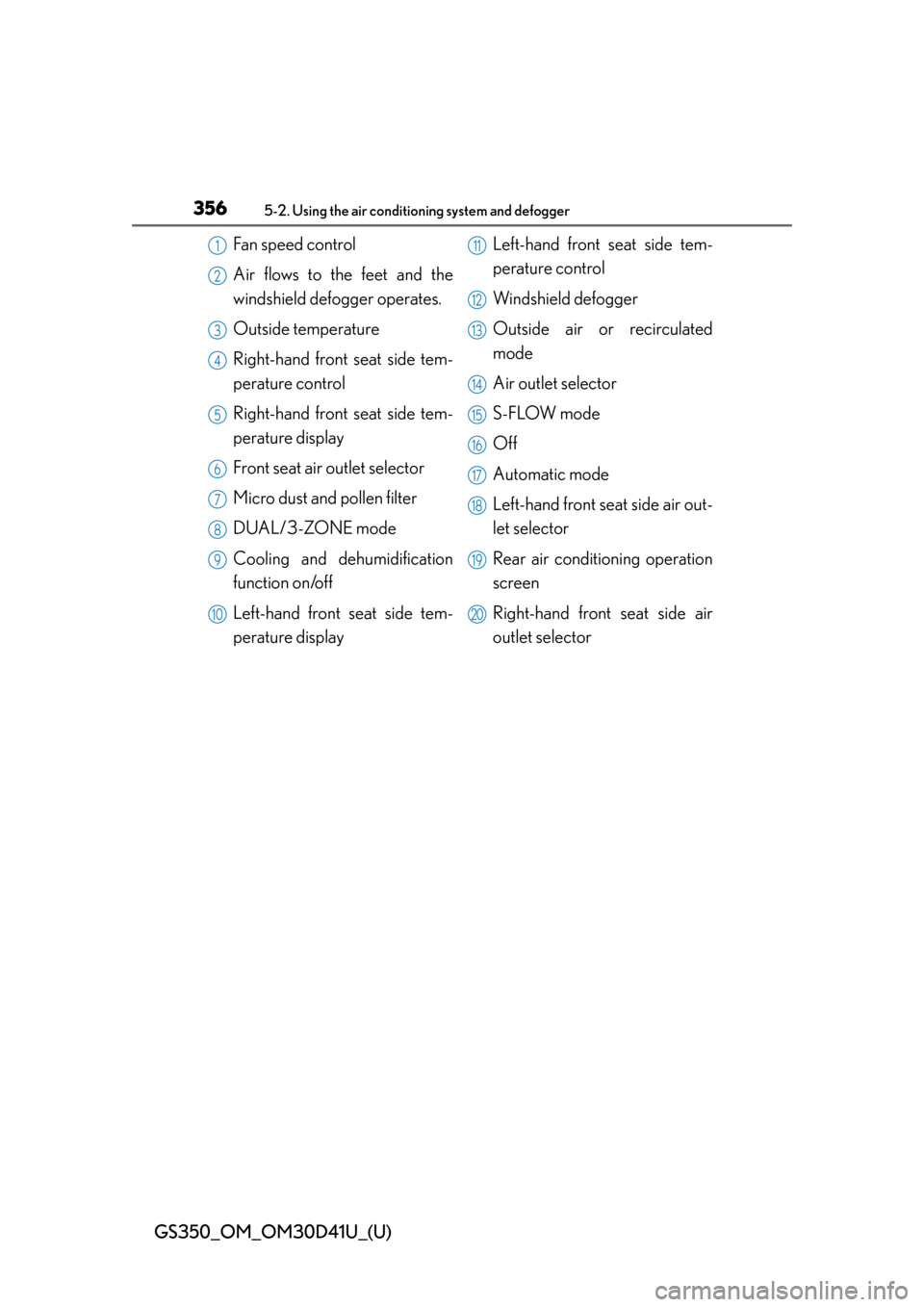 Lexus GS350 2014  Instrument cluster / LEXUS 2014 GS350 OWNERS MANUAL (OM30D41U) 356
GS350_OM_OM30D41U_(U)
5-2. Using the air conditioning system and defogger
Fan speed control
Air flows to the feet and the
windshield defogger operates.
Outside temperature
Right-hand front seat si