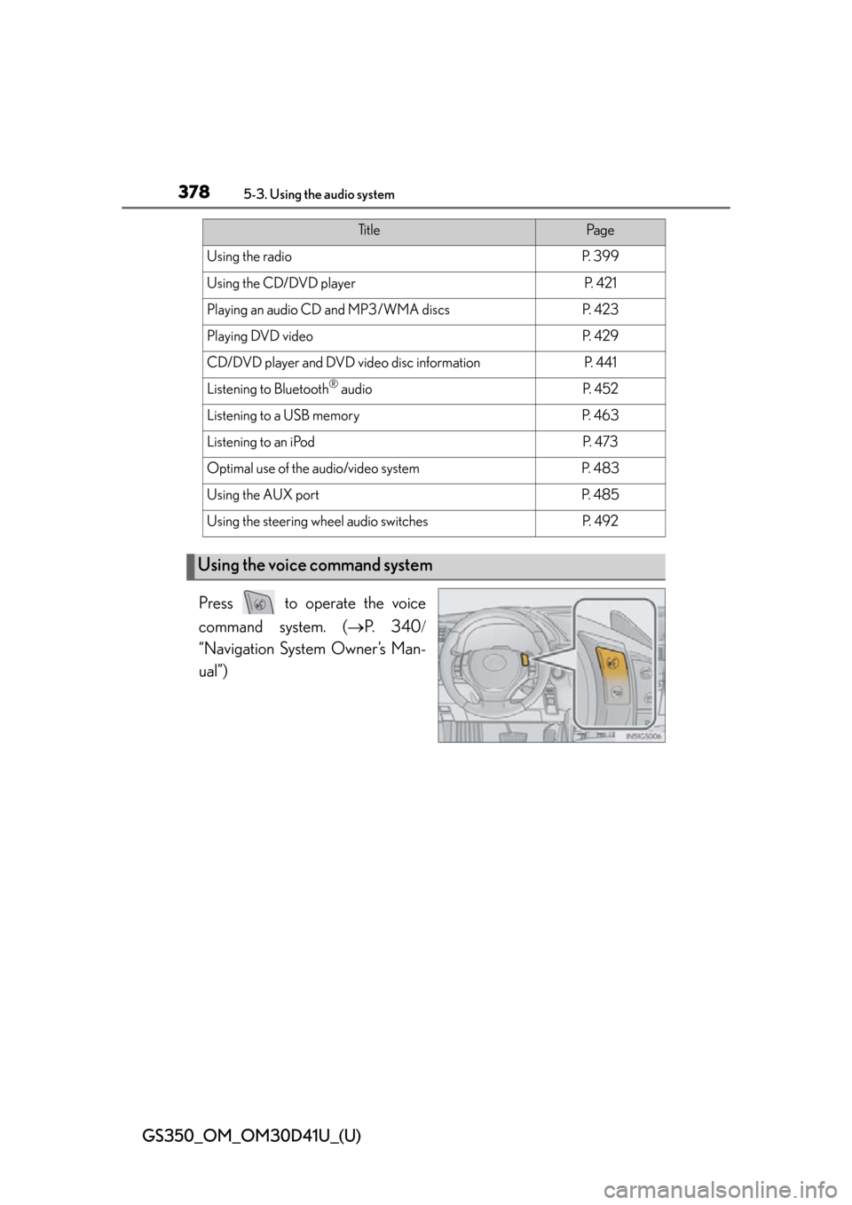 Lexus GS350 2014  Instrument cluster / LEXUS 2014 GS350 OWNERS MANUAL (OM30D41U) 378
GS350_OM_OM30D41U_(U)
5-3. Using the audio system
Press   to operate the voice
command system. (P.  3 4 0
“Navigation System Owner’s Man-
ual”)
Ti t l ePa g e
Using the radioP.  3 9 9
