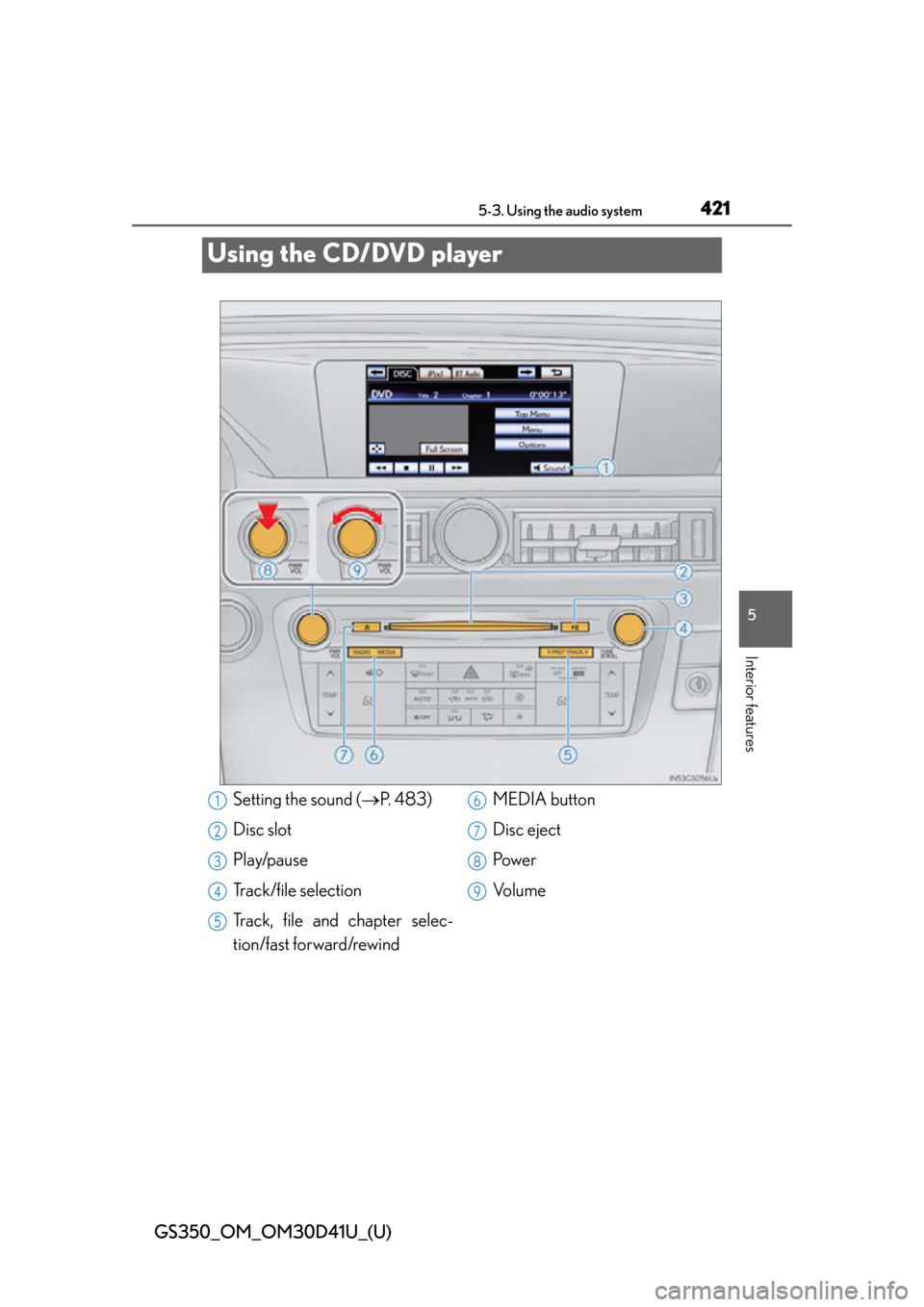 Lexus GS350 2014 Instrument cluster / LEXUS 2014 GS350 OWNERS MANUAL (OM30D41U) 421
GS350_OM_OM30D41U_(U)5-3. Using the audio system
5
Interior features
Using the CD/DVD player
Setting the sound ( P. 4 8 3 )
Disc slot
Play/pause
Track/file selection
Track, file and chapter se Lexus GS350 2014 Instrument cluster / LEXUS 2014 GS350 OWNERS MANUAL (OM30D41U) 421
GS350_OM_OM30D41U_(U)5-3. Using the audio system
5
Interior features
Using the CD/DVD player
Setting the sound ( P. 4 8 3 )
Disc slot
Play/pause
Track/file selection
Track, file and chapter se