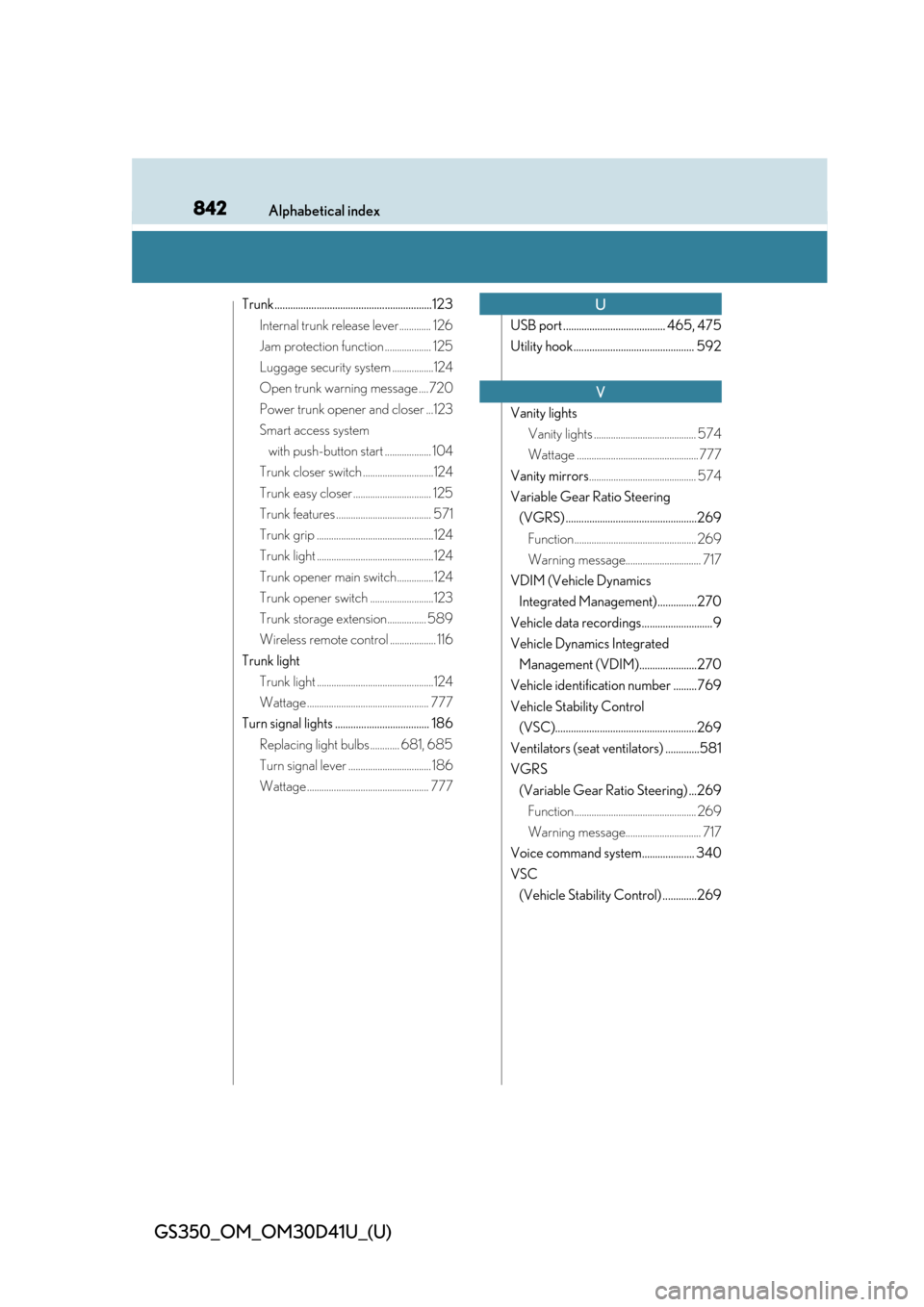 Lexus GS350 2014  Instrument cluster / LEXUS 2014 GS350 OWNERS MANUAL (OM30D41U) 842Alphabetical index
GS350_OM_OM30D41U_(U)
Trunk............................................................123Internal trunk release lever............. 126
Jam protection function ..................
