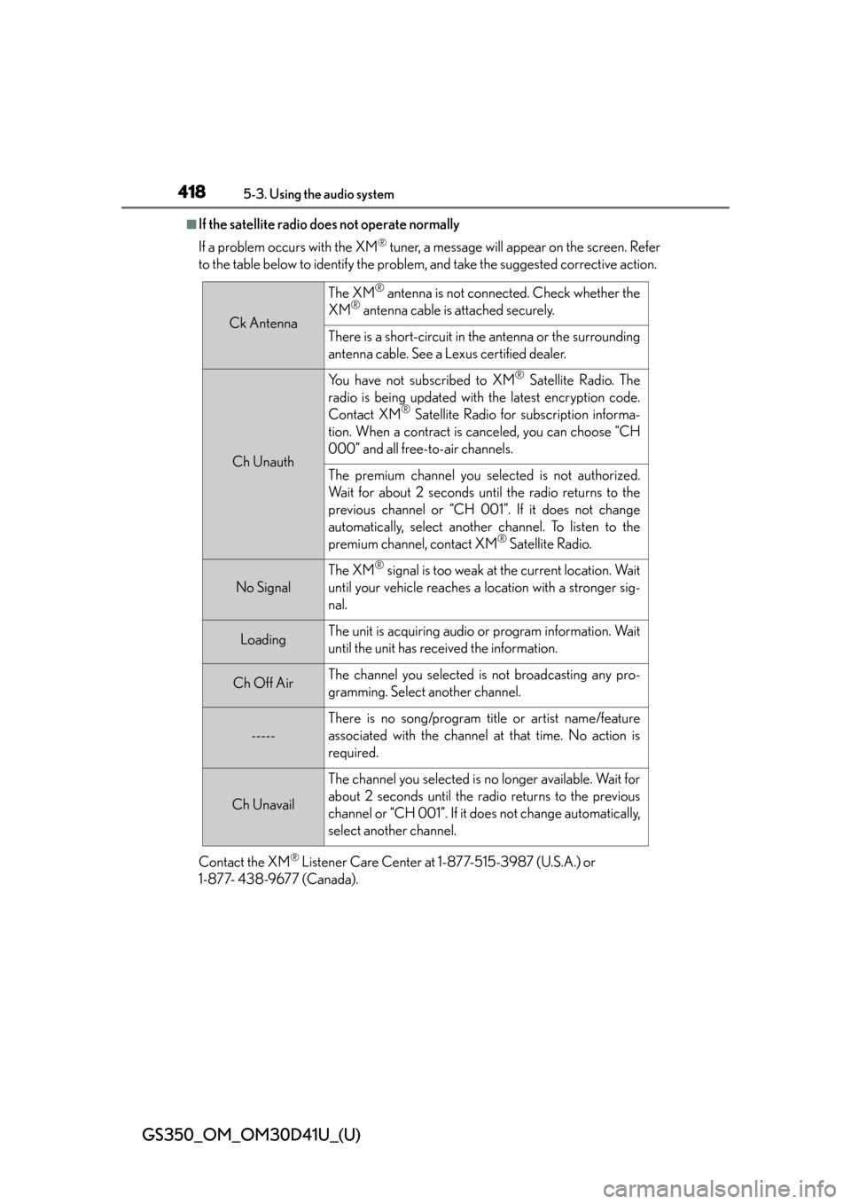 Lexus GS350 2014 Using the air conditioning system and defogger / LEXUS 2014 GS350 OWNERS MANUAL (OM30D41U) 418
GS350_OM_OM30D41U_(U)
5-3. Using the audio system
■If the satellite radio does not operate normally
If a problem occurs with the XM
® tuner, a message will appear on the screen. Refer
to the ta Lexus GS350 2014 Using the air conditioning system and defogger / LEXUS 2014 GS350 OWNERS MANUAL (OM30D41U) 418
GS350_OM_OM30D41U_(U)
5-3. Using the audio system
■If the satellite radio does not operate normally
If a problem occurs with the XM
® tuner, a message will appear on the screen. Refer
to the ta