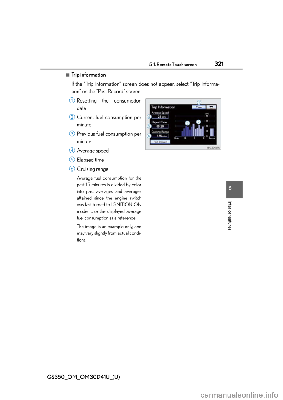 Lexus GS350 2014  Refueling / LEXUS 2014 GS350 OWNERS MANUAL (OM30D41U) GS350_OM_OM30D41U_(U)
3215-1. Remote Touch screen
5
Interior features
■Trip information
If the “Trip Information” screen does not appear, select “Trip Informa-
tion” on the “Past Record”