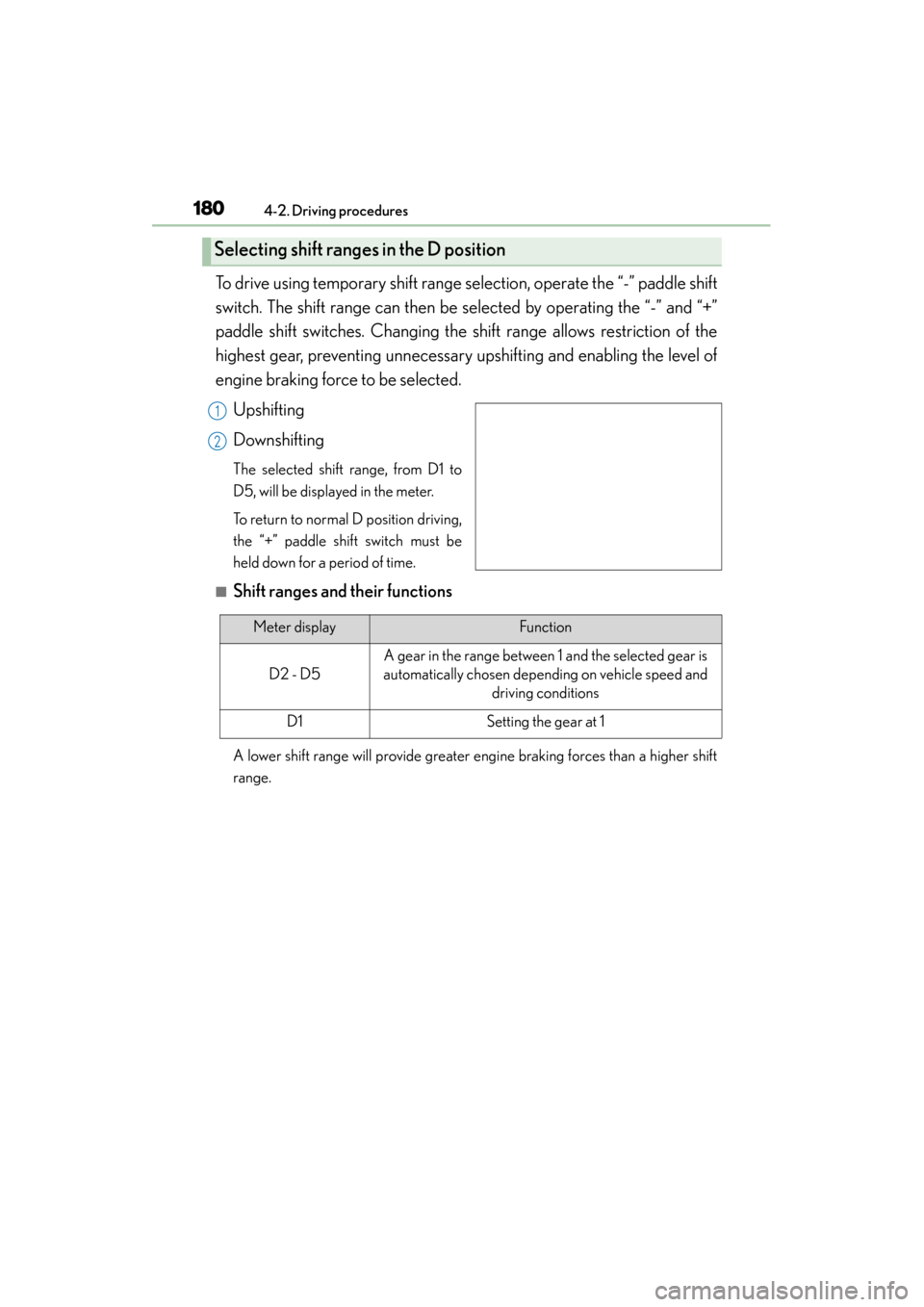 Lexus GS350 2013  Owners Manual 180
GS350_U (OM30C34U)
4-2. Driving procedures
To drive using temporary shift range selection, operate the “-” paddle shift
switch. The shift range can then be selected by operating the “-” an