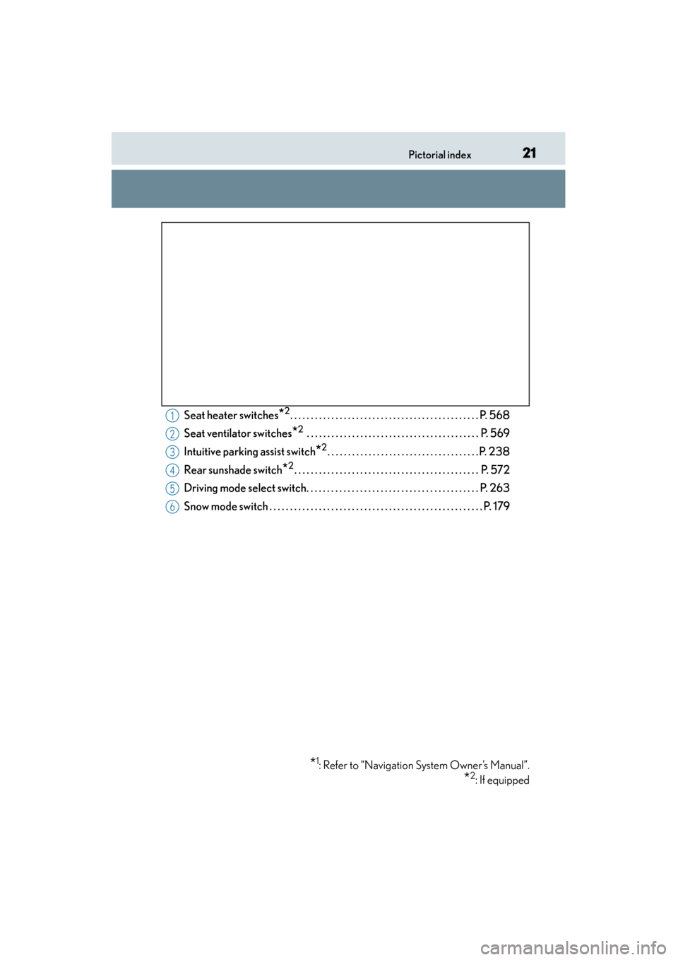 Lexus GS350 2013  Owners Manual 21Pictorial index
GS350_U (OM30C34U)
Seat heater switches*2. . . . . . . . . . . . . . . . . . . . . . . . . . . . . . . . . . . . . . . . . . . . . . P. 568
Seat ventilator switches
*2 . . . . . . . 