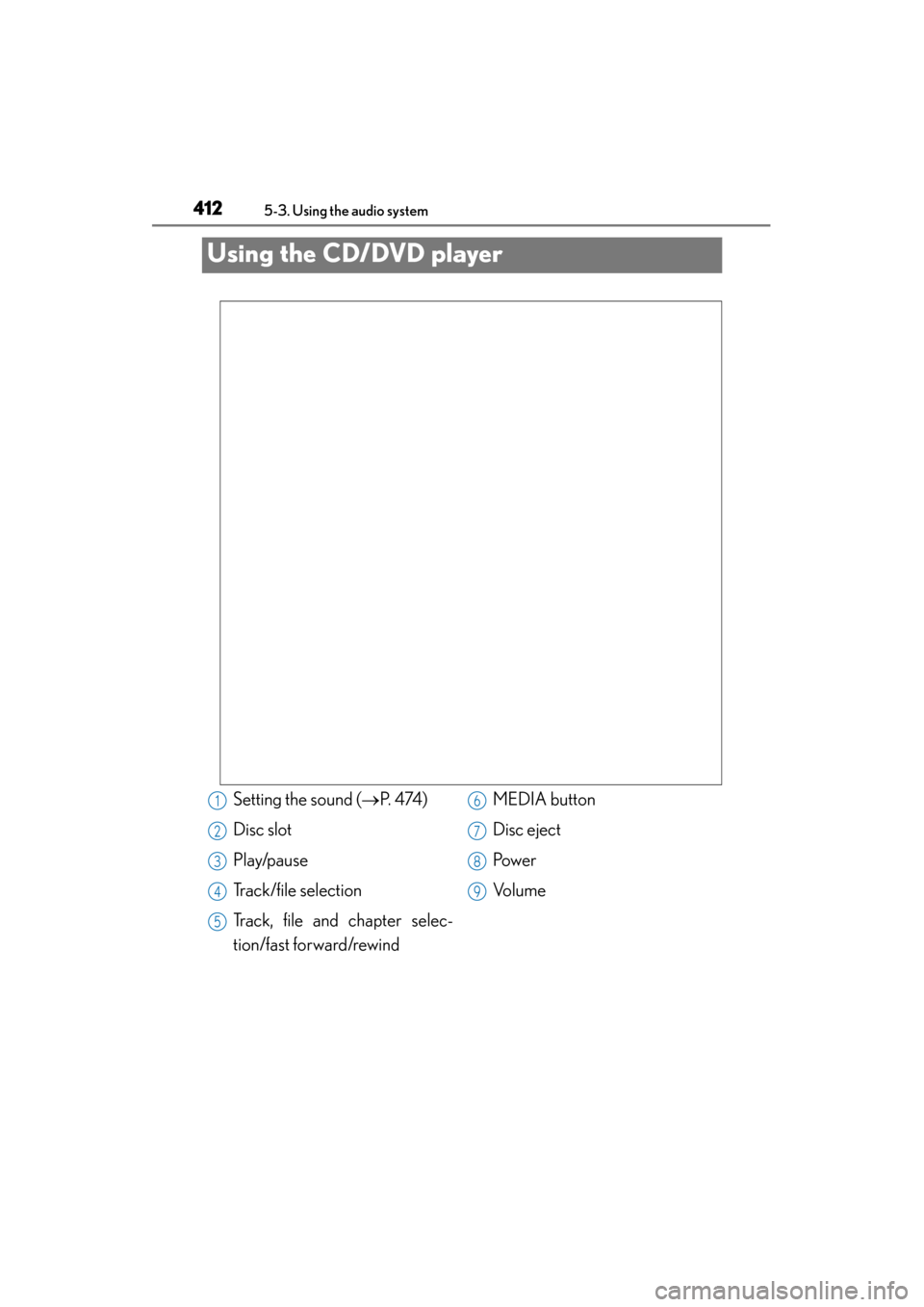 Lexus GS350 2013  Owners Manual 412
GS350_U (OM30C34U)
5-3. Using the audio system
Using the CD/DVD player
Setting the sound (→P.  4 74 )
Disc slot
Play/pause
Track/file selection
Track, file and chapter selec-
tion/fast forward/r