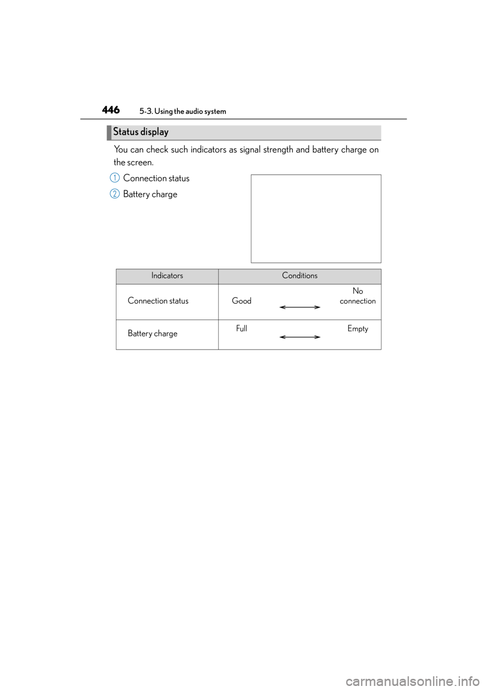 Lexus GS350 2013  Owners Manual 446
GS350_U (OM30C34U)
5-3. Using the audio system
You can check such indicators as signal strength and battery charge on
the screen.Connection status
Battery charge
Status display
1
2
IndicatorsCondi