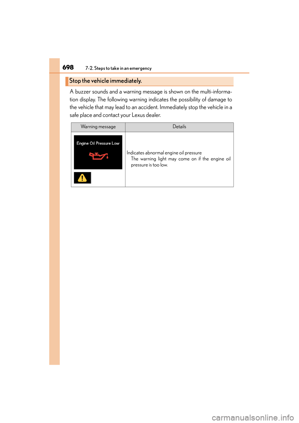 Lexus GS350 2013 Owners Manual 6987-2. Steps to take in an emergency
GS350_U (OM30C34U)A buzzer sounds and a warning message is shown on the multi-informa-
tion display. The following warning indicates the possibility of damage to
Lexus GS350 2013 Owners Manual 6987-2. Steps to take in an emergency
GS350_U (OM30C34U)A buzzer sounds and a warning message is shown on the multi-informa-
tion display. The following warning indicates the possibility of damage to