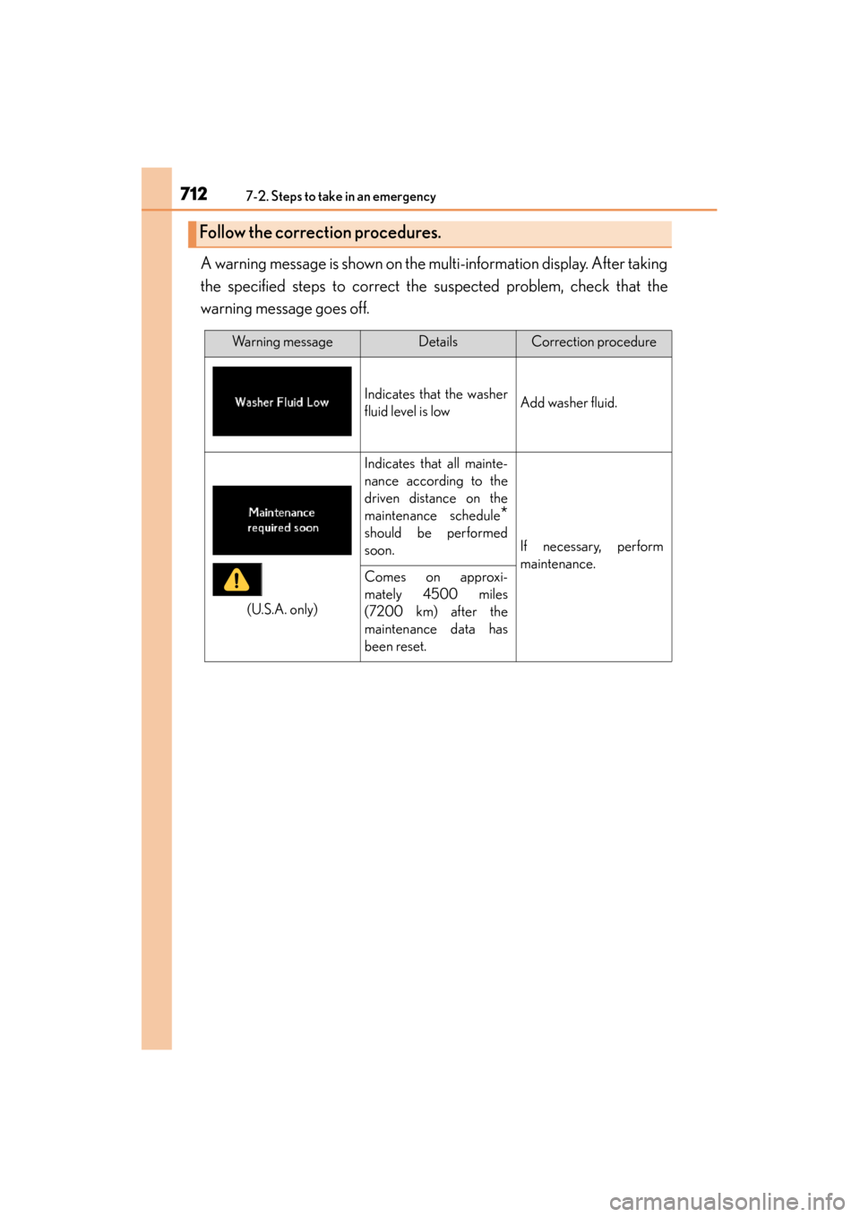 Lexus GS350 2013  Owners Manual 7127-2. Steps to take in an emergency
GS350_U (OM30C34U)A warning message is shown on the multi-information display. After taking
the specified steps to correct the suspected problem, check that the
w