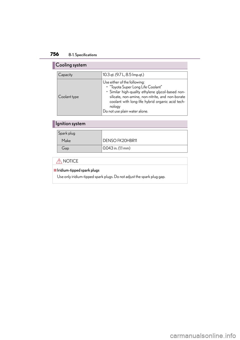 Lexus GS350 2013  Owners Manual 756
GS350_U (OM30C34U)
8-1. Specifications
Cooling system
Capacity10.3 qt. (9.7 L, 8.5 Imp.qt.)
Coolant type
Use either of the following:
• “Toyota Super Long Life Coolant” 
• Similar high-qua