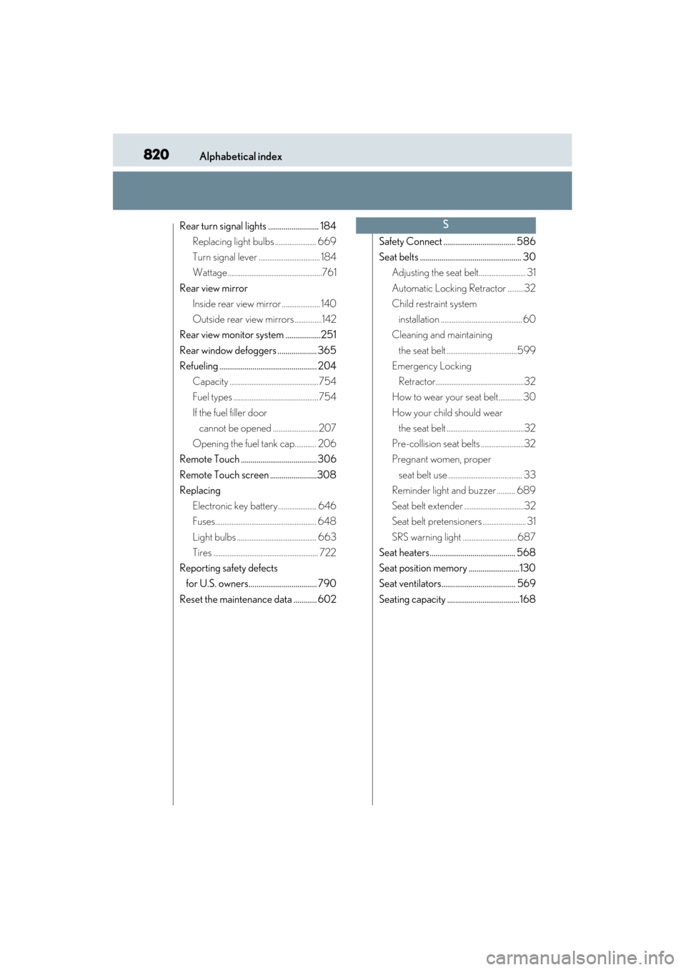 Lexus GS350 2013 Owners Manual 820Alphabetical index
GS350_U (OM30C34U)
Rear turn signal lights .......................... 184Replacing light bulbs ....................... 669
Turn signal lever .................................. 18 Lexus GS350 2013 Owners Manual 820Alphabetical index
GS350_U (OM30C34U)
Rear turn signal lights .......................... 184Replacing light bulbs ....................... 669
Turn signal lever .................................. 18