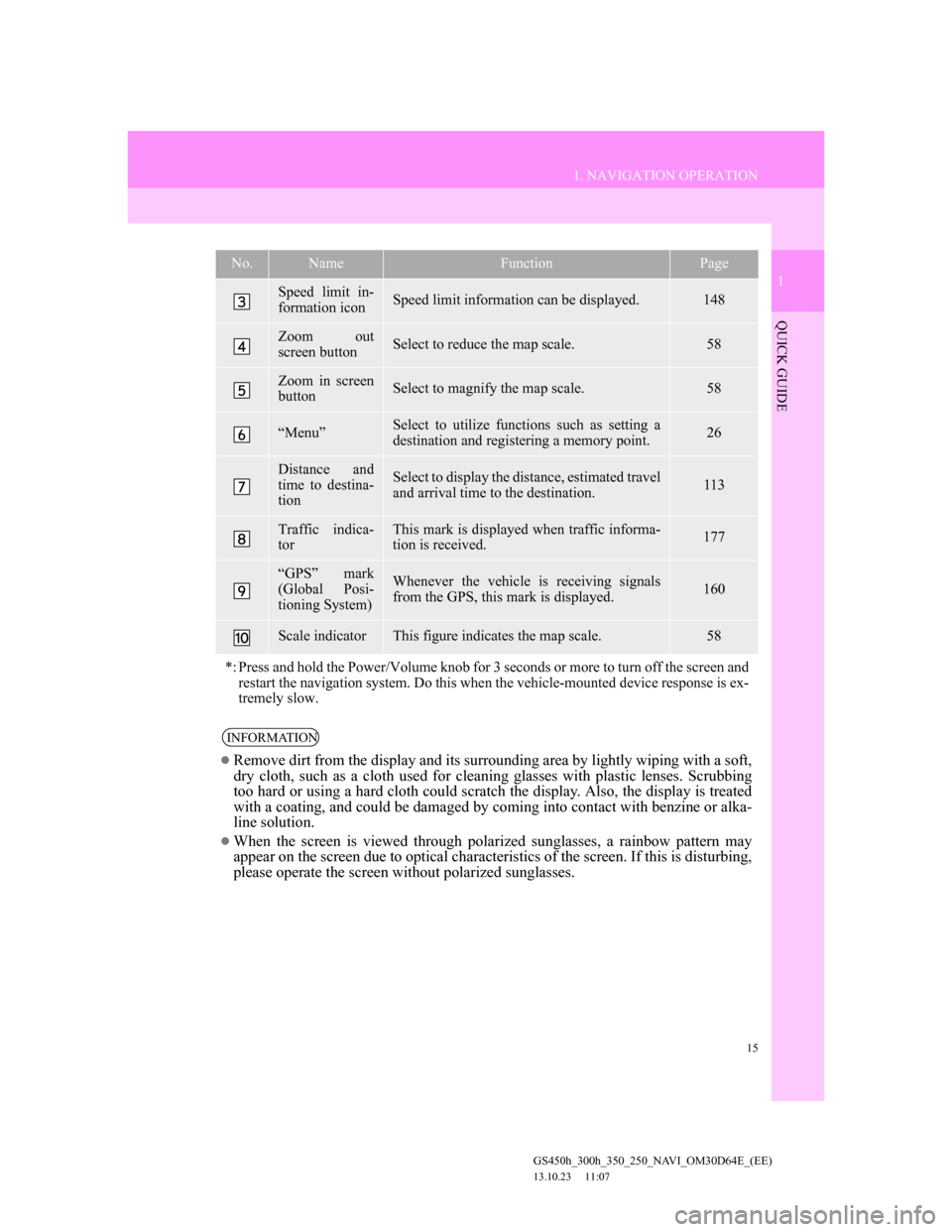 Lexus GS350 2013 Navigation manual 15
1. NAVIGATION OPERATION
1
QUICK GUIDE
GS450h_300h_350_250_NAVI_OM30D64E_(EE)
13.10.23 11:07
Speed limit in-
formation iconSpeed limit information can be displayed.148
Zoom out
screen buttonSele Lexus GS350 2013 Navigation manual 15
1. NAVIGATION OPERATION
1
QUICK GUIDE
GS450h_300h_350_250_NAVI_OM30D64E_(EE)
13.10.23 11:07
Speed limit in-
formation iconSpeed limit information can be displayed.148
Zoom out
screen buttonSele