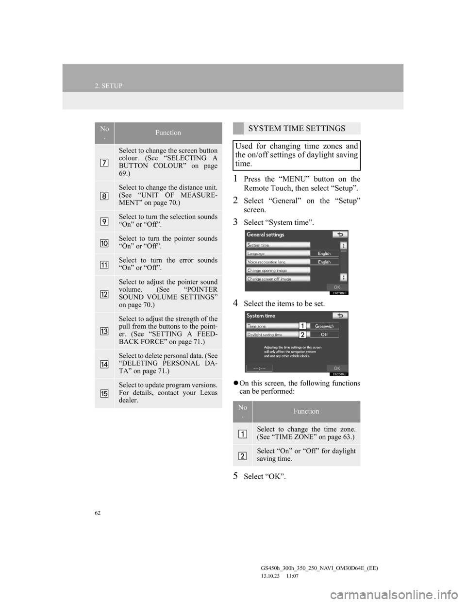 Lexus GS350 2013 Navigation manual 62
2. SETUP
GS450h_300h_350_250_NAVI_OM30D64E_(EE)
13.10.23 11:07
1Press the “MENU” button on the
Remote Touch, then select “Setup”.
2Select “General” on the “Setup”
screen.
3Selec Lexus GS350 2013 Navigation manual 62
2. SETUP
GS450h_300h_350_250_NAVI_OM30D64E_(EE)
13.10.23 11:07
1Press the “MENU” button on the
Remote Touch, then select “Setup”.
2Select “General” on the “Setup”
screen.
3Selec