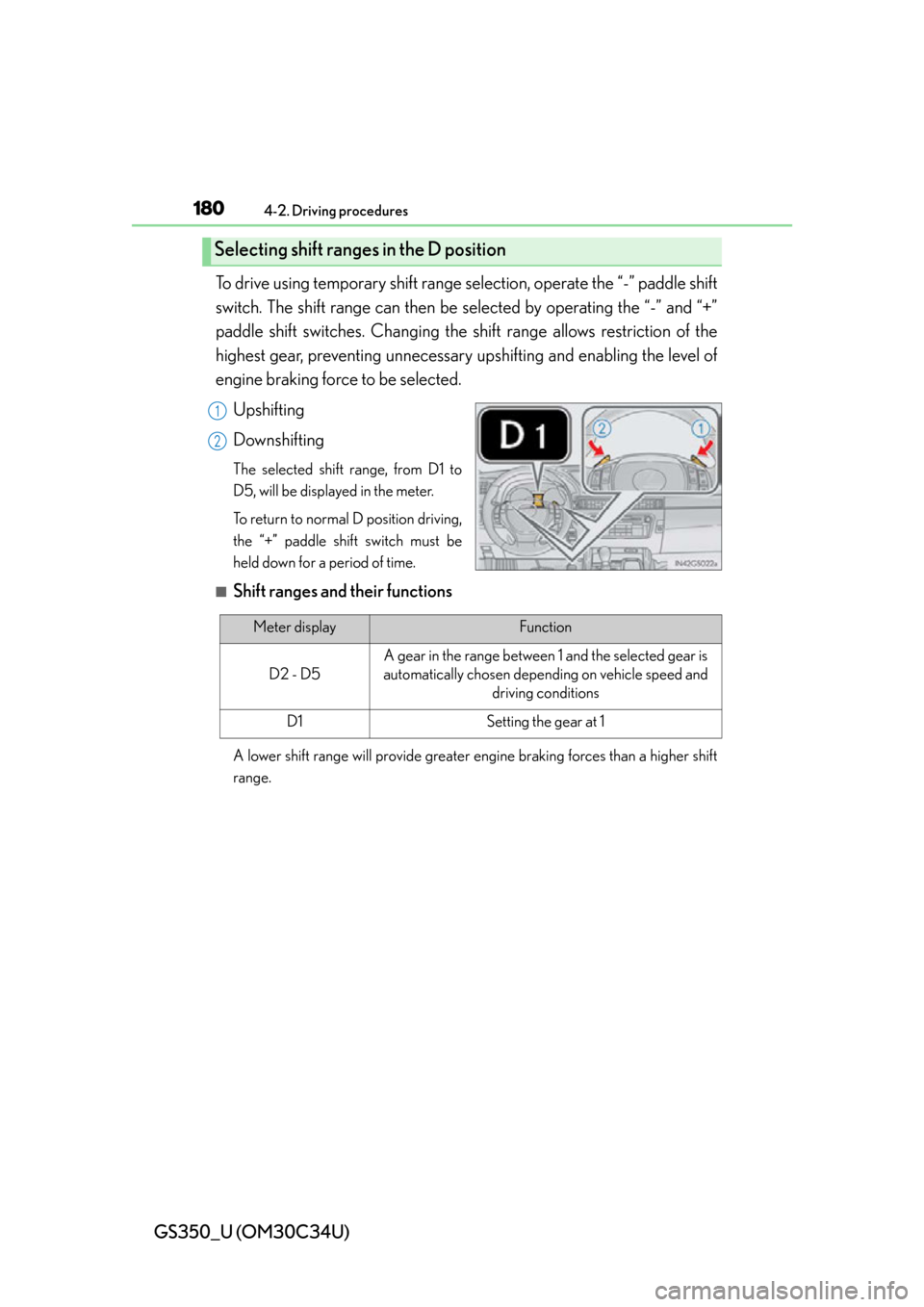 Lexus GS350 2013 Using the driving support systems / LEXUS 2013 GS350 OWNERS MANUAL (OM30C34U) 180
GS350_U (OM30C34U)
4-2. Driving procedures
To drive using temporary shift range selection, operate the “-” paddle shift
switch. The shift range can then be selected by operating the “-” an Lexus GS350 2013 Using the driving support systems / LEXUS 2013 GS350 OWNERS MANUAL (OM30C34U) 180
GS350_U (OM30C34U)
4-2. Driving procedures
To drive using temporary shift range selection, operate the “-” paddle shift
switch. The shift range can then be selected by operating the “-” an