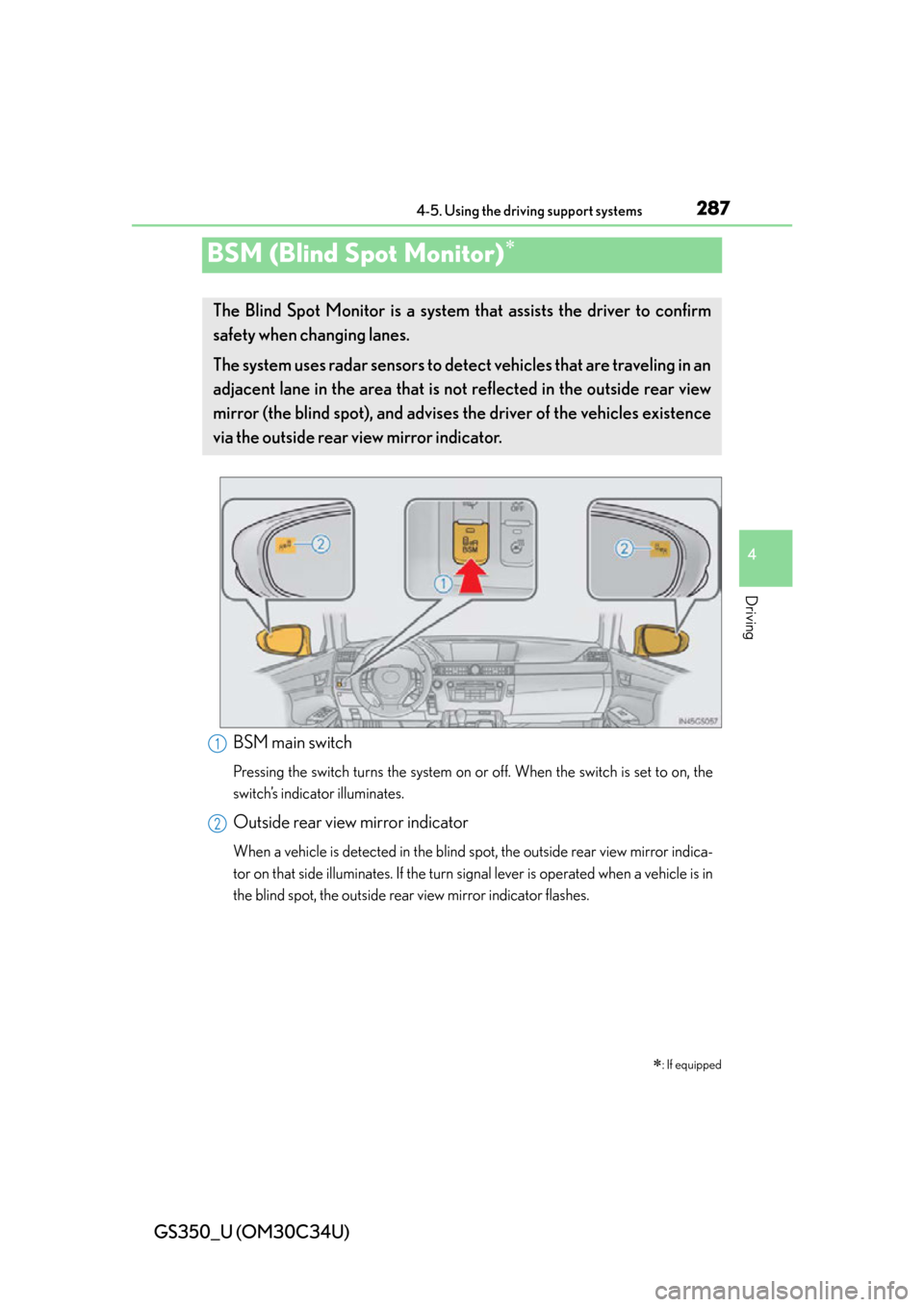 Lexus GS350 2013 Using the driving support systems / LEXUS 2013 GS350 (OM30C34U) Service Manual 287
GS350_U (OM30C34U)4-5. Using the driving support systems
4
Driving
BSM (Blind Spot Monitor)
: If equipped
The Blind Spot Monitor is a system th at assists the driver to confirm
safety when c Lexus GS350 2013 Using the driving support systems / LEXUS 2013 GS350 (OM30C34U) Service Manual 287
GS350_U (OM30C34U)4-5. Using the driving support systems
4
Driving
BSM (Blind Spot Monitor)
: If equipped
The Blind Spot Monitor is a system th at assists the driver to confirm
safety when c
