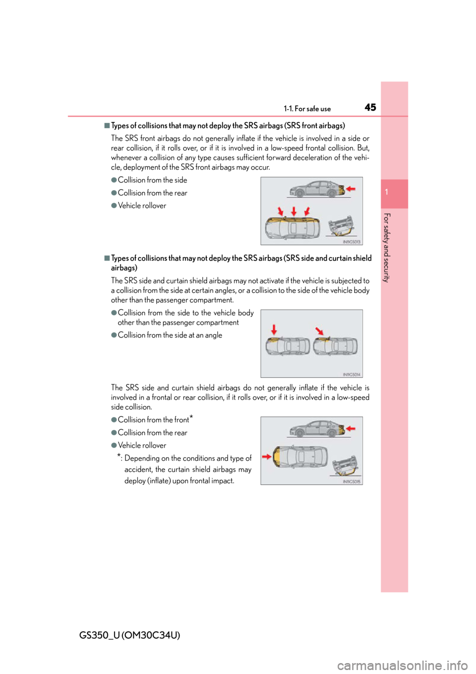Lexus GS350 2013  Using the driving support systems / LEXUS 2013 GS350 OWNERS MANUAL (OM30C34U) 451-1. For safe use
GS350_U (OM30C34U)
1
For safety and security
■Types of collisions that may not deploy the SRS airbags (SRS front airbags)
The SRS front airbags do not generally inflate if the ve