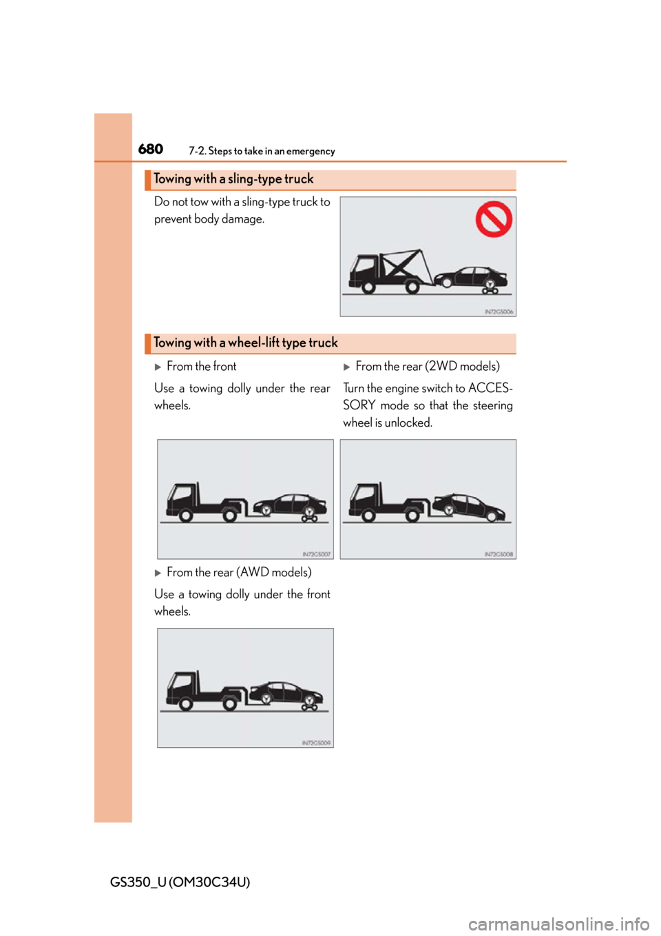Lexus GS350 2013  Using the driving support systems / LEXUS 2013 GS350 OWNERS MANUAL (OM30C34U) 6807-2. Steps to take in an emergency
GS350_U (OM30C34U)Do not tow with a sling-type truck to
prevent body damage.
Towing with a sl
ing-type truck
Towing with a wheel -lift type truck
From the fron