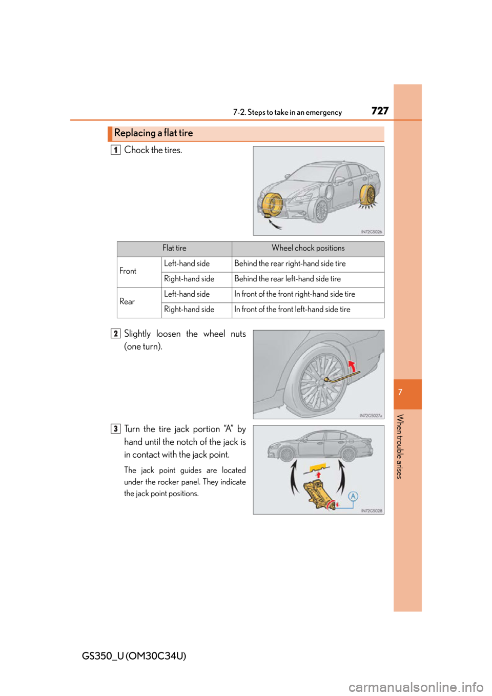 Lexus GS350 2013  Using the driving support systems / LEXUS 2013 GS350 OWNERS MANUAL (OM30C34U) 7277-2. Steps to take in an emergency
GS350_U (OM30C34U)
7
When trouble arises
Chock the tires.
Slightly loosen the wheel nuts
(one turn).
Turn the tire jack portion “A” by
hand until the notch of
